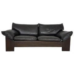 Vintage Brutalist Oak and Leather 2-Seat Sofa or Loveseat by Leolux, Dutch Design, 1970s