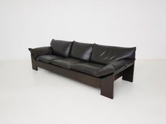 Brutalist Oak and Leather 3-Seat Sofa by Leolux, the Netherlands 1970s