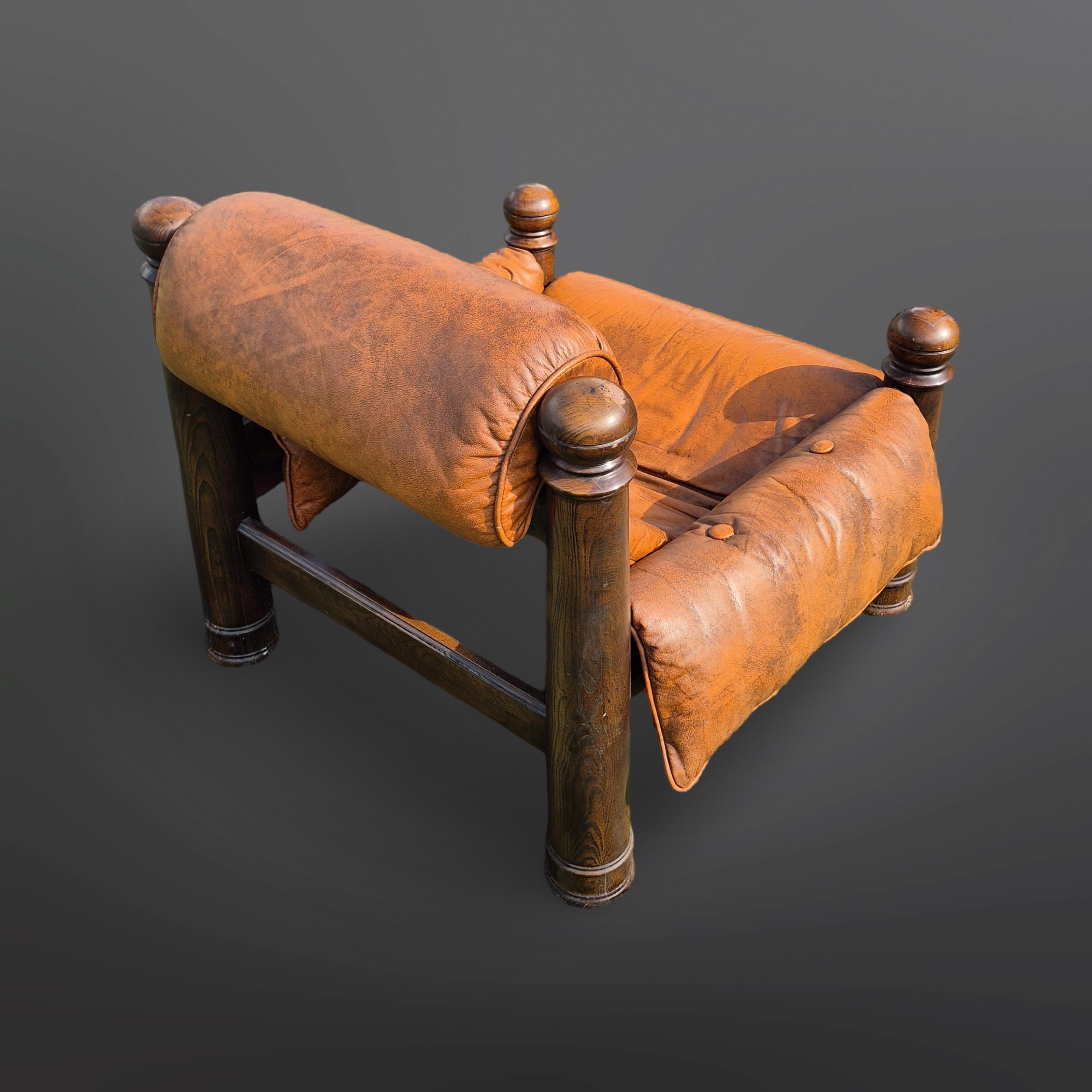 XX secolo Sedia da salotto brutalista in Oak e pelle, Germania 1960