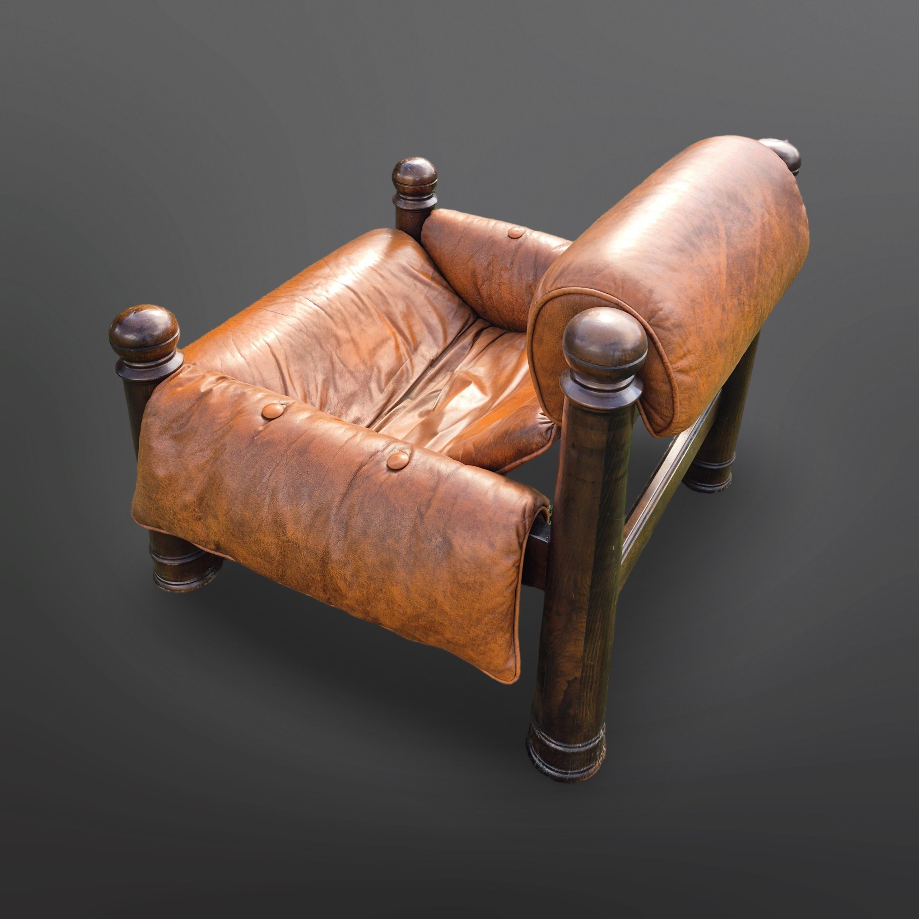 Pelle Sedia da salotto brutalista in Oak e pelle, Germania 1960