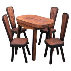 Brutalist Oak and Leather Table and 4 Chairs, 1960s, Set of 5