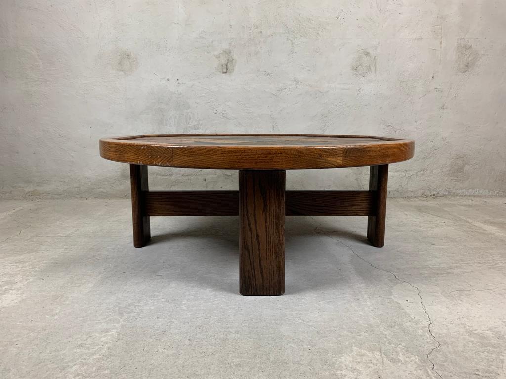 Brutalist oak and natural stone coffee table. 
1980's, France. 
Good condition. 
