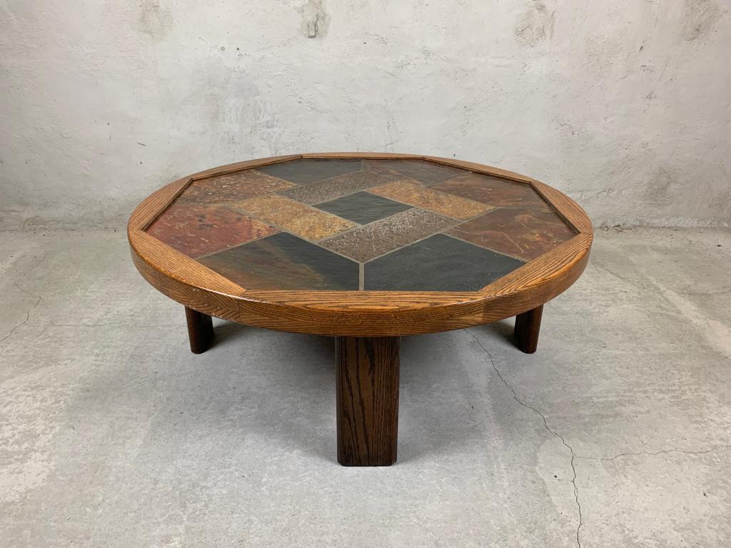 French Brutalist Oak And Stone Coffee Table  For Sale