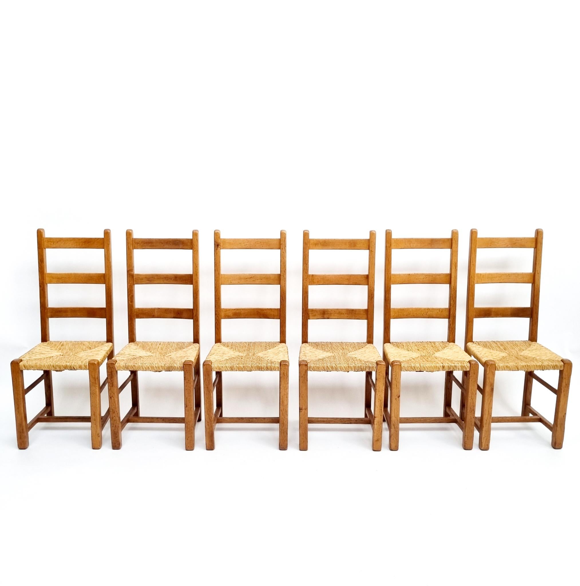 Brutalist Oak Antique Dining Chairs with Rush Seating, Set of 6, circa 1870s For Sale 3