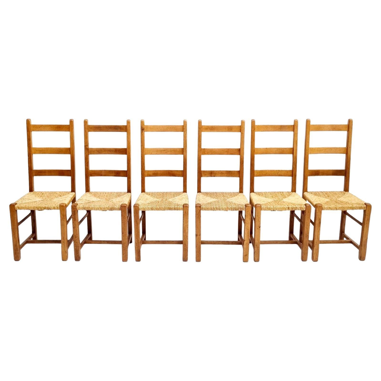 Brutalist Oak Antique Dining Chairs with Rush Seating, Set of 6, circa 1870s For Sale