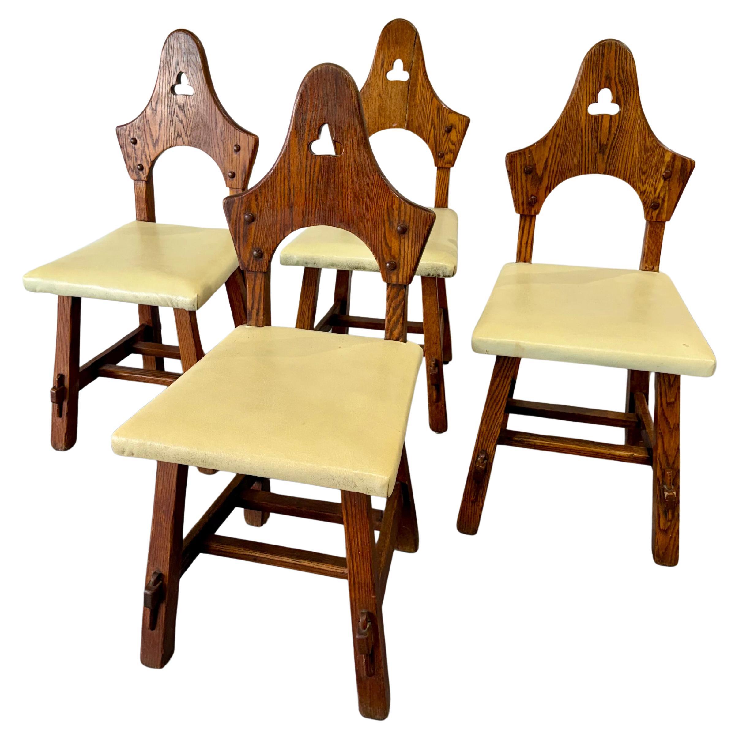 Brutalist Oak Arts and Crafts Antique Chairs, Set of 4