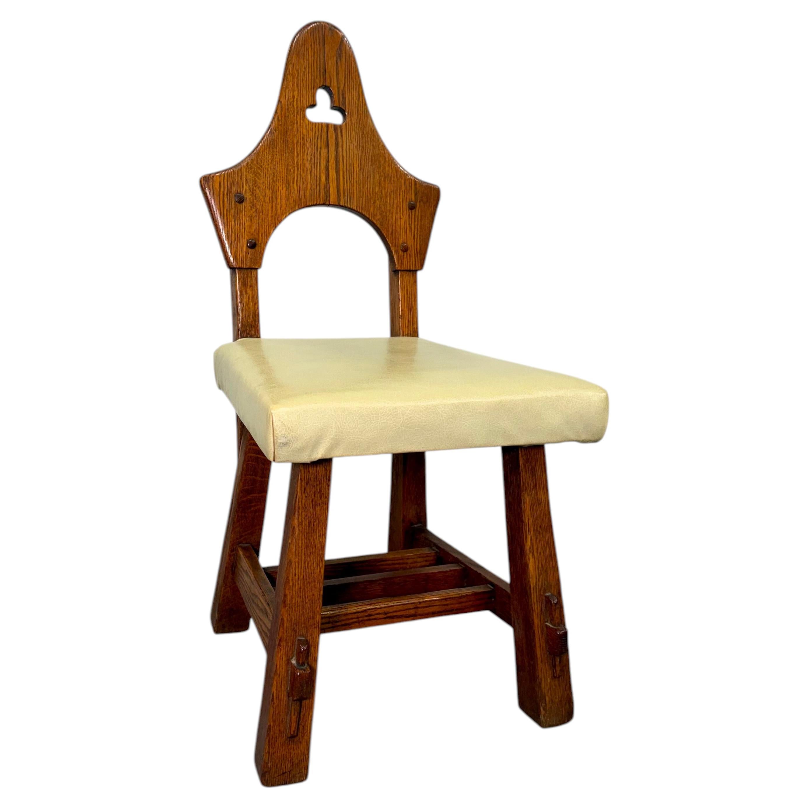 Brutalist Oak Arts and Crafts Antique Hall Chair in Manner of Charles Limbert