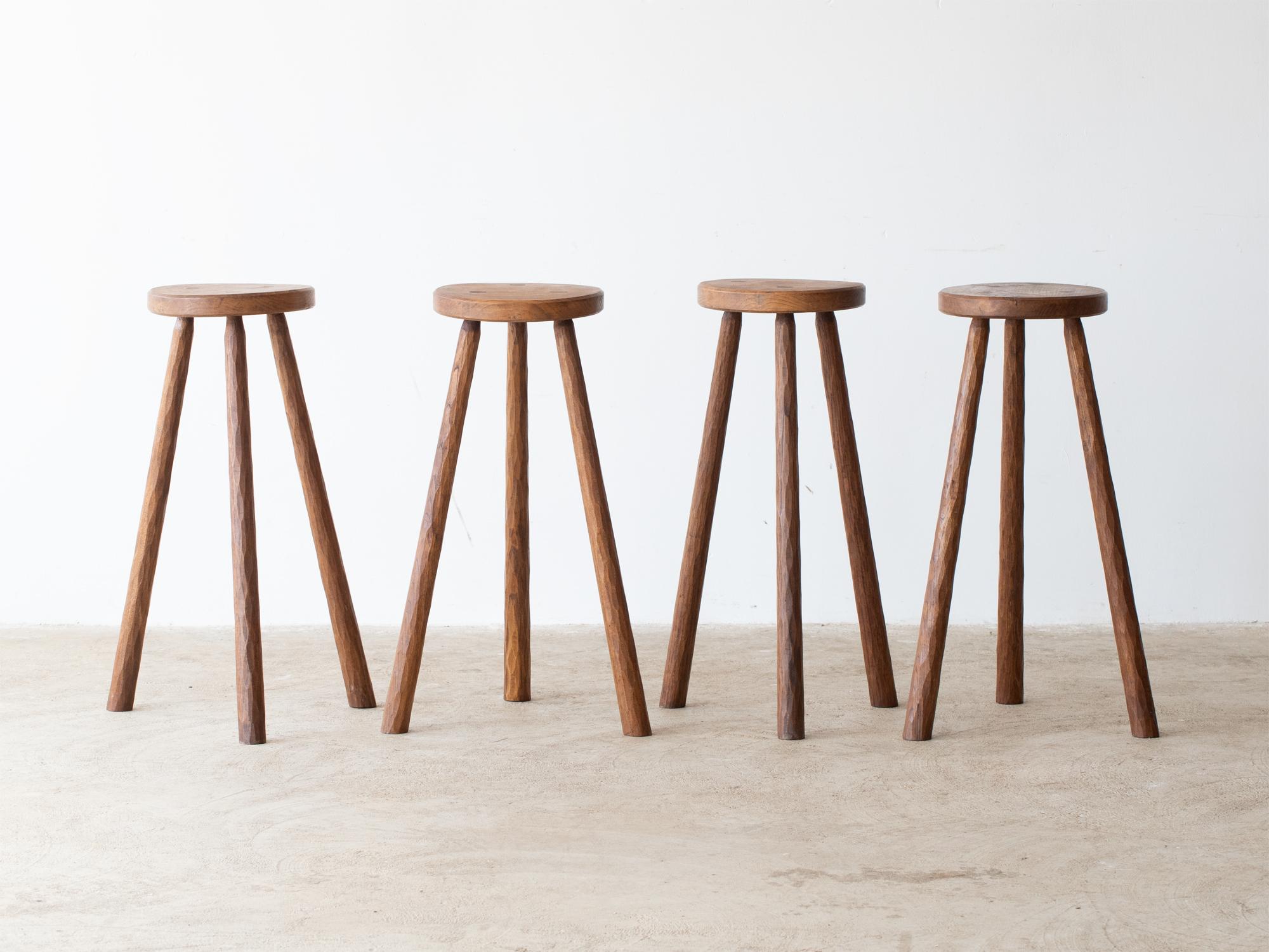 A set of four brutalist oak bar stools. French, c. 1970.

Stock ref. #2377

All in good sturdy order with minimal wear.

Height: 77.5 cm (30.5 