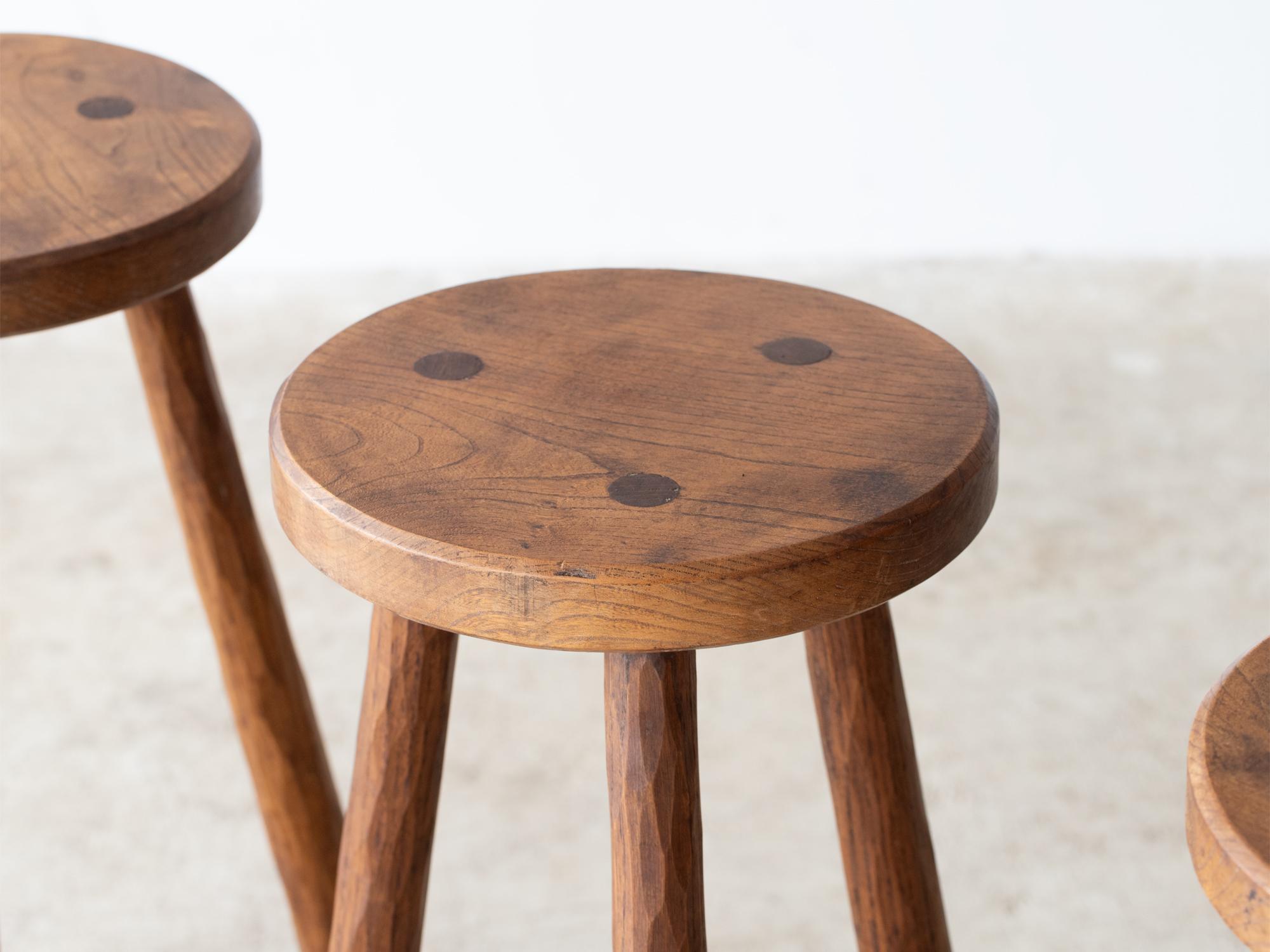Brutalist Oak Bar Stools, French c. 1960s In Good Condition For Sale In Wembley, GB