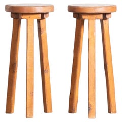 Brutalist Oak Bar Stools, French c. 1970s