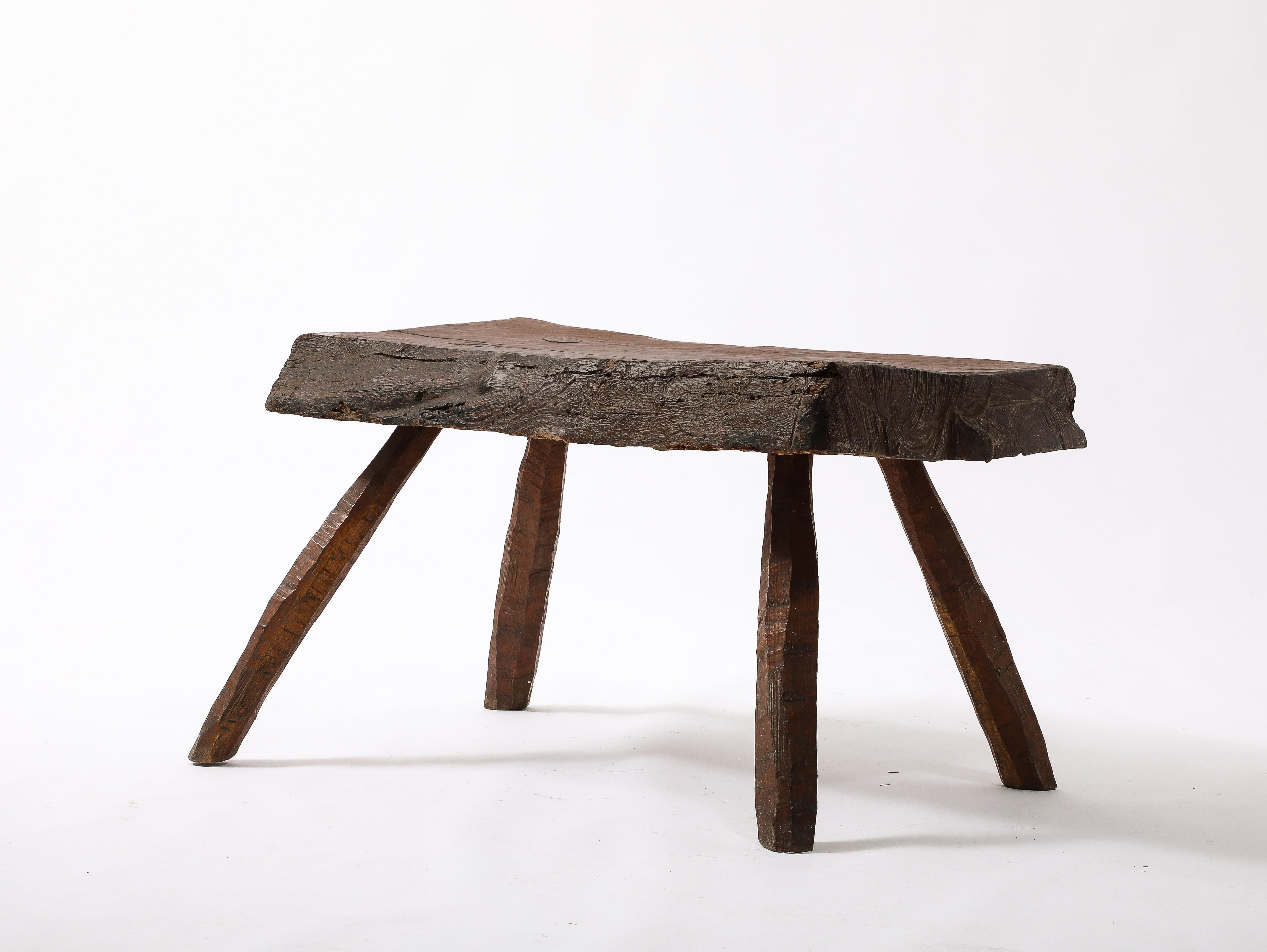 Rustic Brutalist Oak Bench, France 1950's