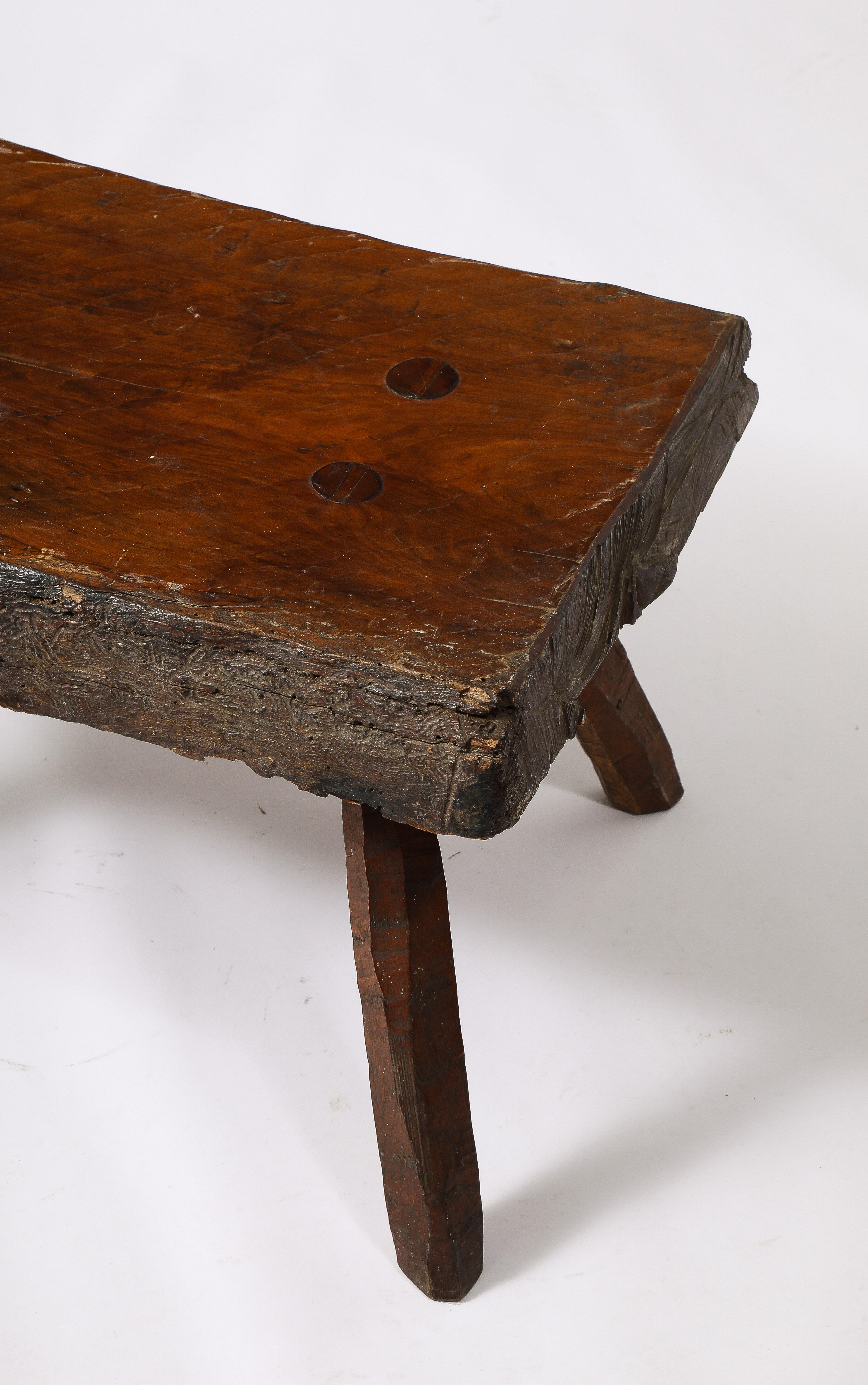 Hand-Carved Brutalist Oak Bench, France 1950's