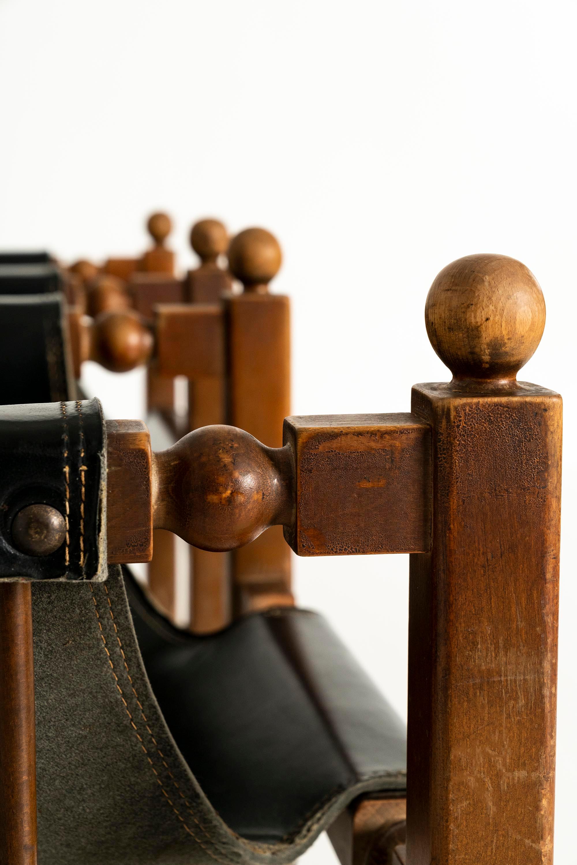 Brutalist Oak Chairs with Faux Leather in the Style of Charles Dudouyt, 1950s For Sale 1