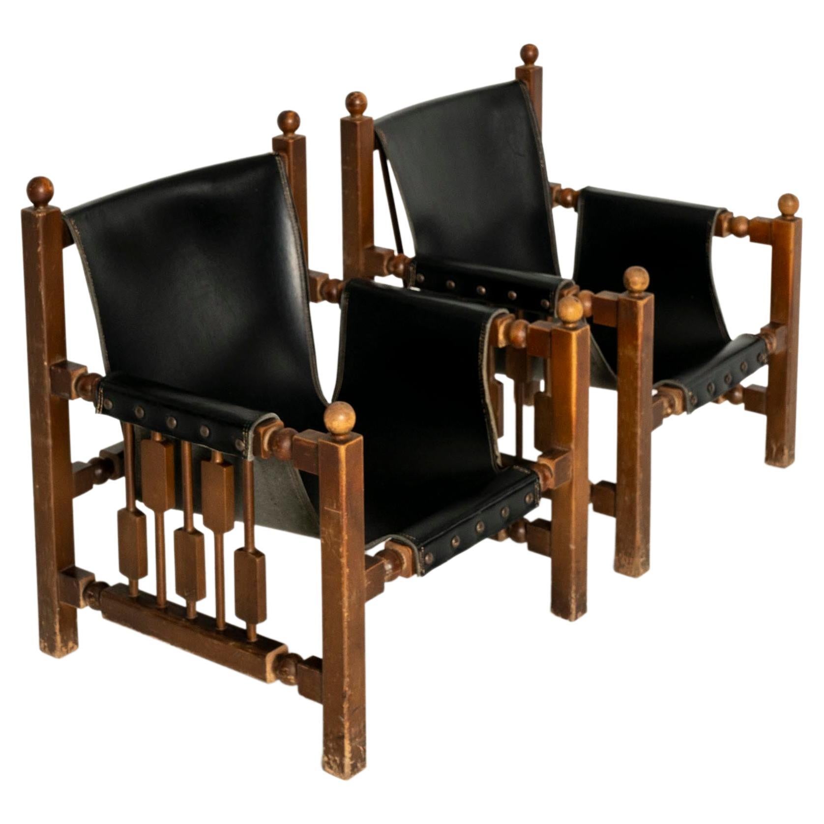 Brutalist Oak Chairs with Faux Leather in the Style of Charles Dudouyt, 1950s For Sale