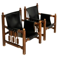 Brutalist Oak Chairs with Faux Leather in the Style of Charles Dudouyt, 1950s