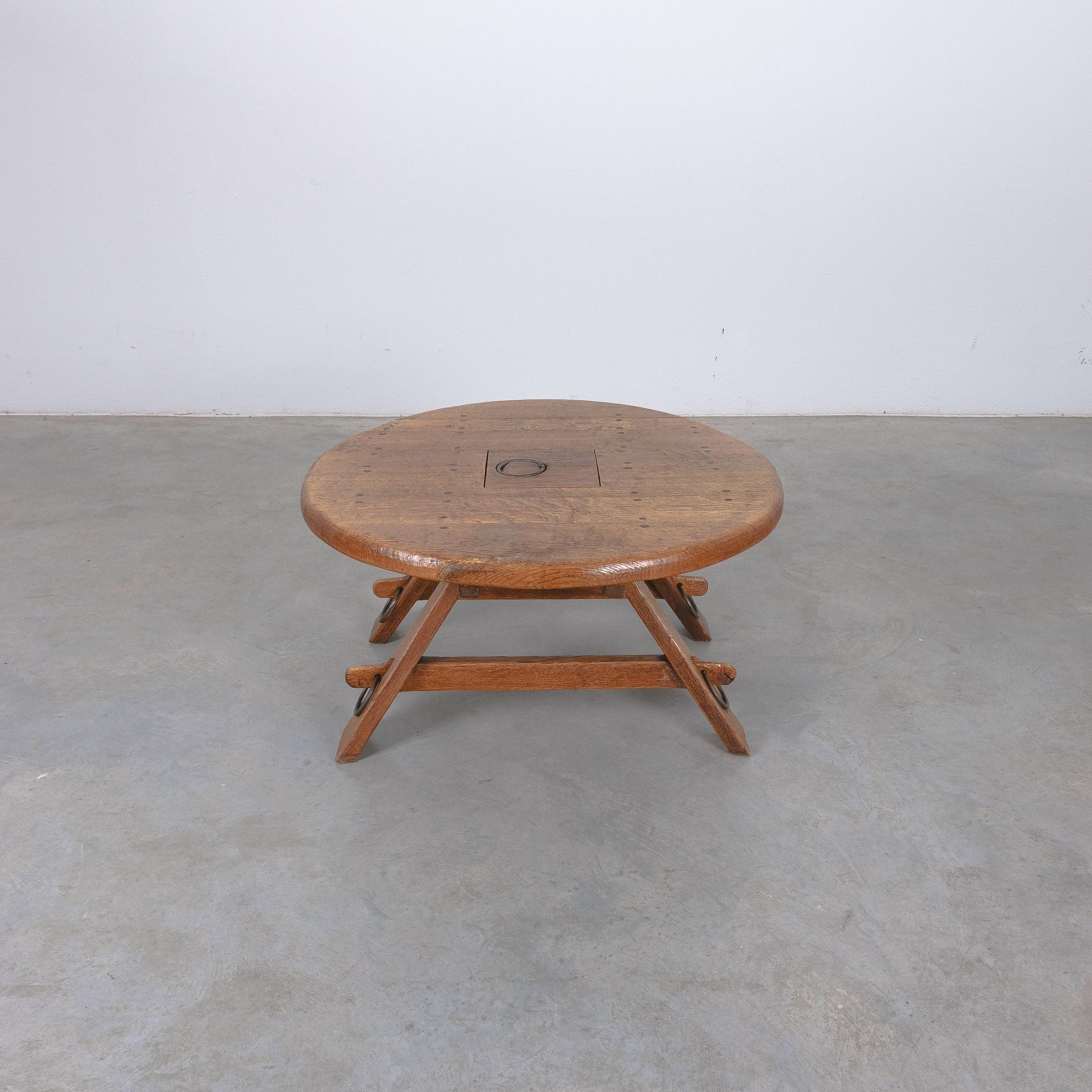 Brutalist Oak Coffee Table Carved Wood Artisan with Iron Details, France, 1950 For Sale 3
