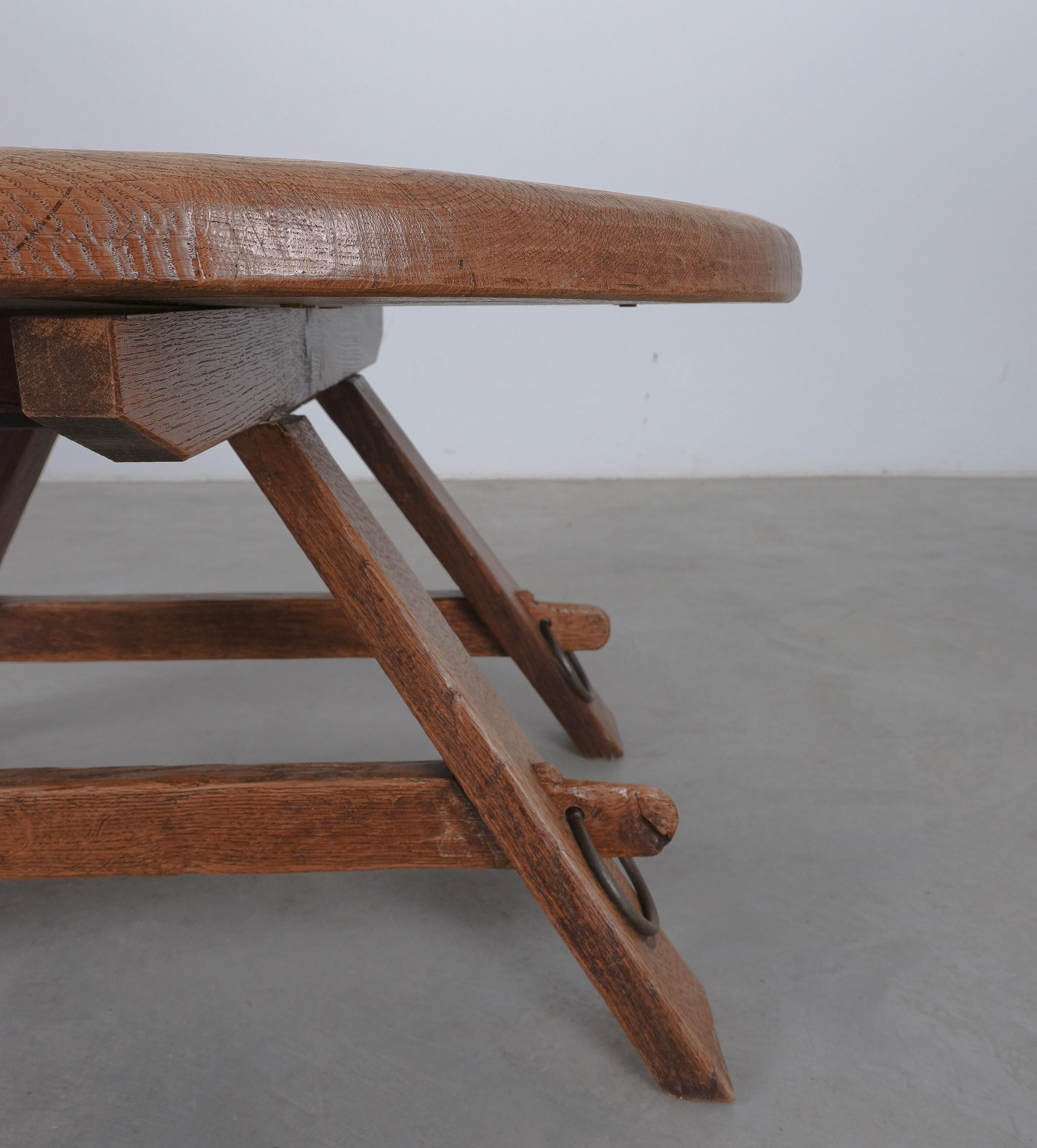 Brutalist Oak Coffee Table Carved Wood Artisan with Iron Details, France, 1950 In Good Condition For Sale In Vienna, AT