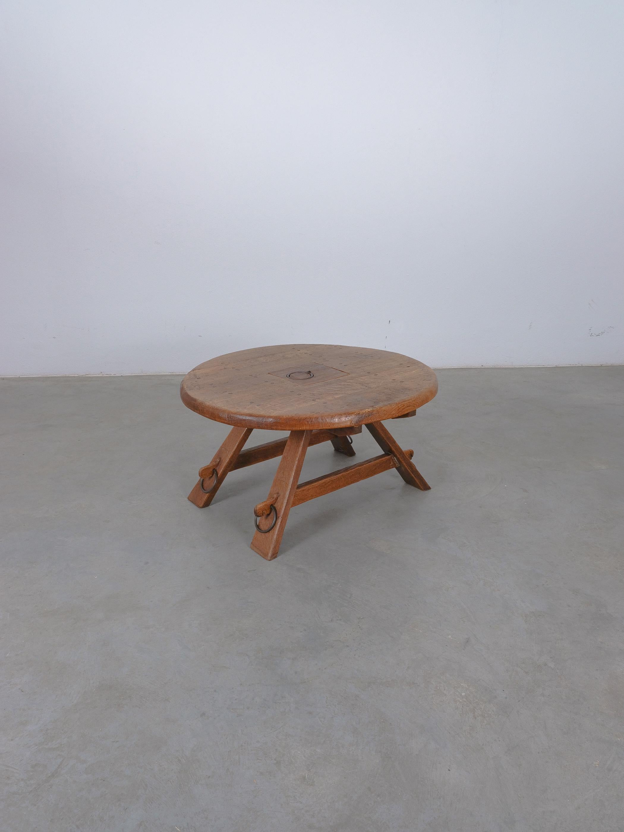 Mid-20th Century Brutalist Oak Coffee Table Carved Wood Artisan with Iron Details, France, 1950 For Sale