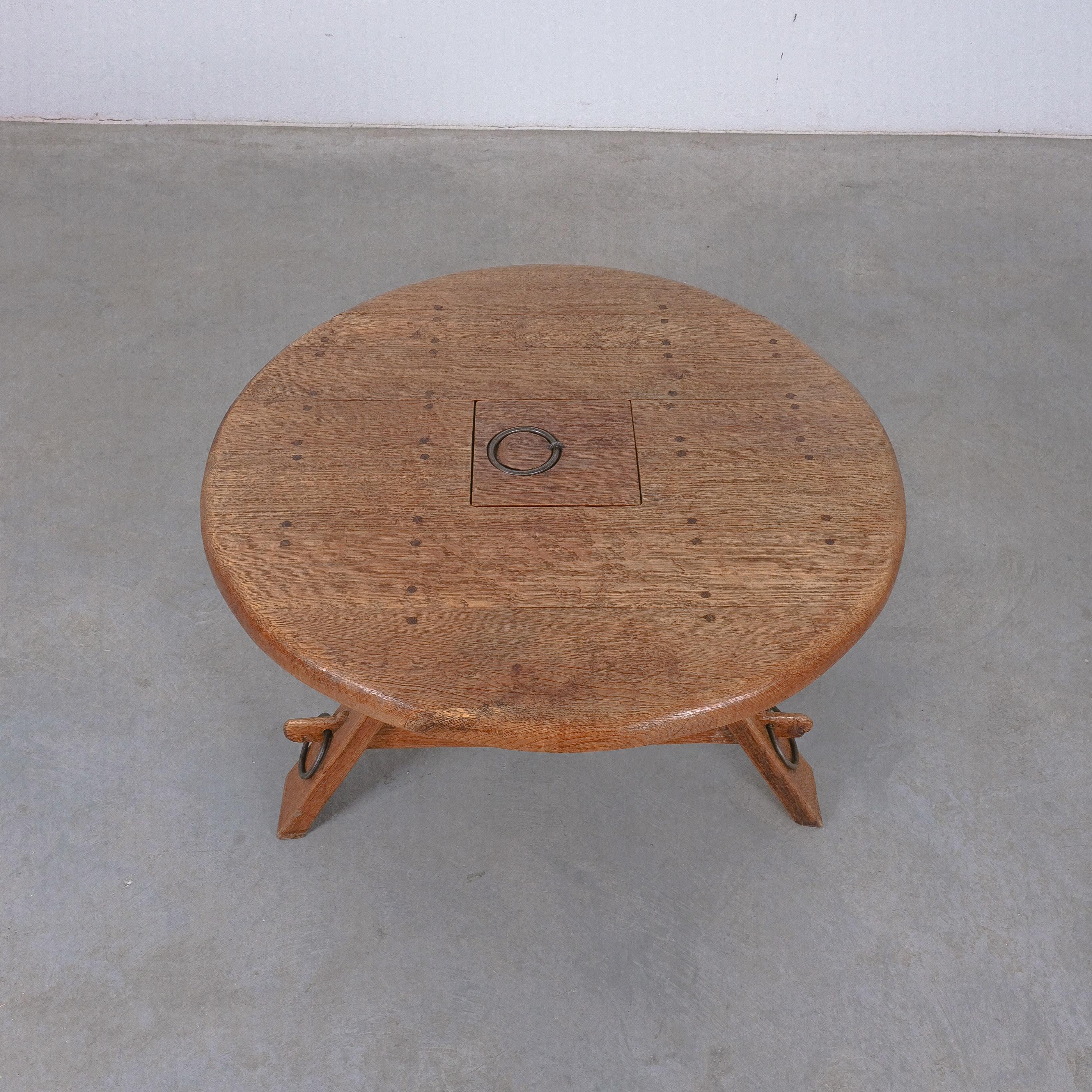 Brutalist Oak Coffee Table Carved Wood Artisan with Iron Details, France, 1950 For Sale 1