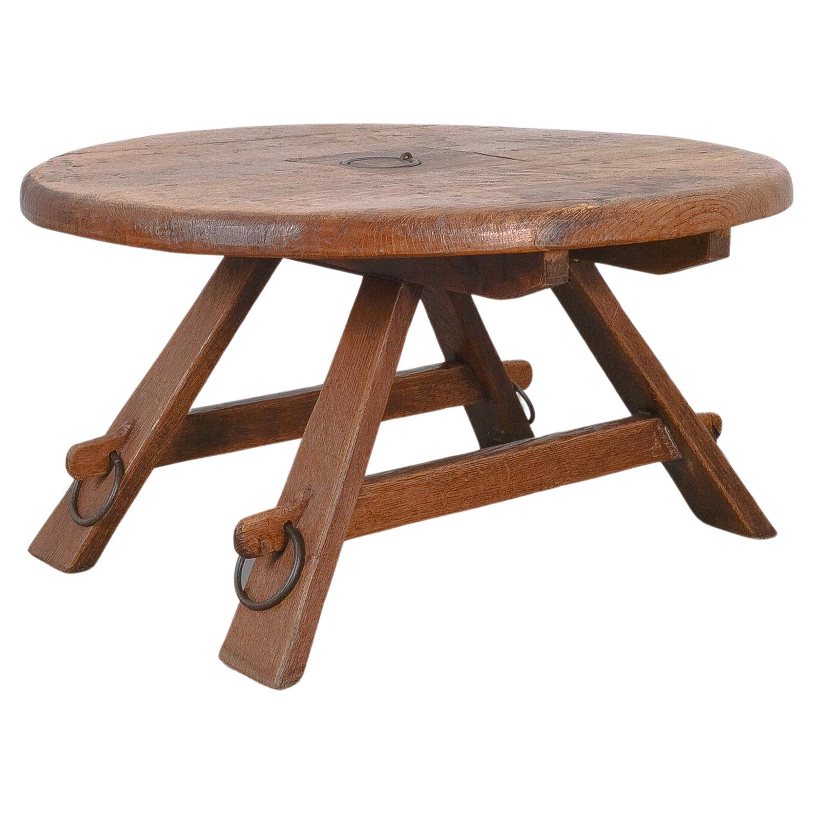Brutalist Oak Coffee Table Carved Wood Artisan with Iron Details, France, 1950 For Sale