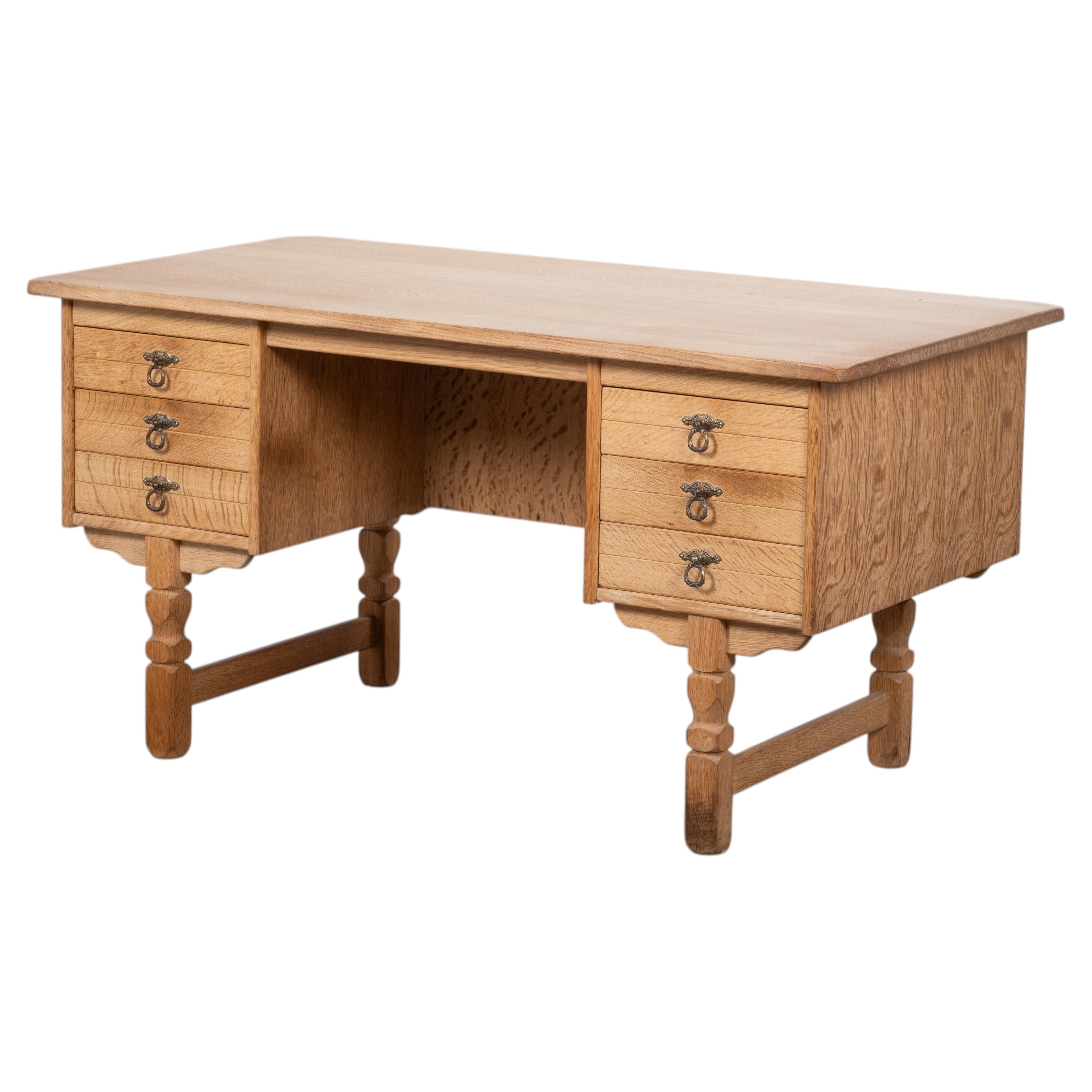 Brutalist Oak Desk Attributed to Henning Kjærnulf, Denmark, 1960s