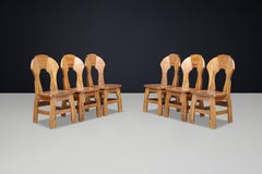 Brutalist Solid Oak Dining Chairs Set of Eight, Belgium, 1970s Design