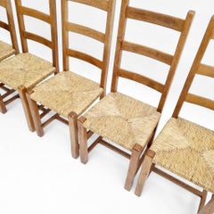 Brutalist Oak Dining Chairs with Rush Seating, Set of Six, Circa 1870s