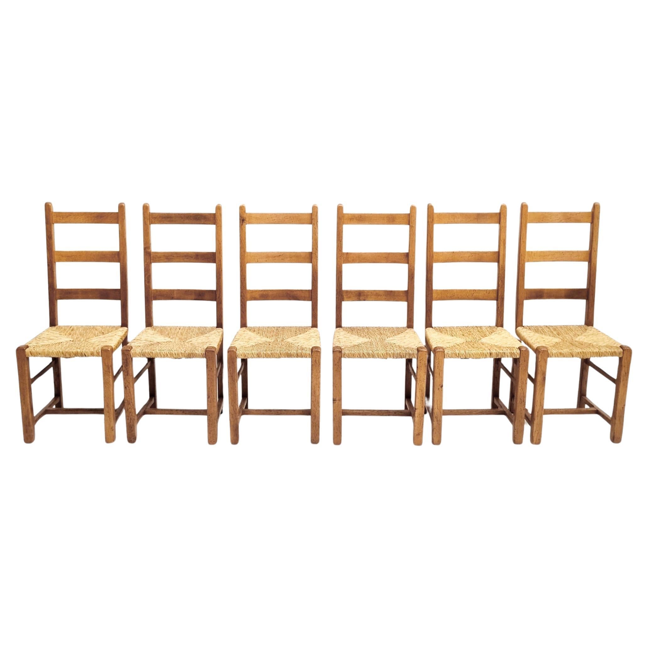 Sedie da pranzo brutaliste in Oak con seduta in giunco, set di sei, CIRCA 1870 in vendita