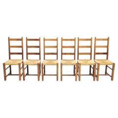 Chaises de salle à manger brutalistes en chêne avec sièges en jonc, ensemble de six, vers 1870