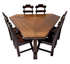 Brutalist Oak Dining Room Table with Six Brutalist Dining Room Chairs, 1970s