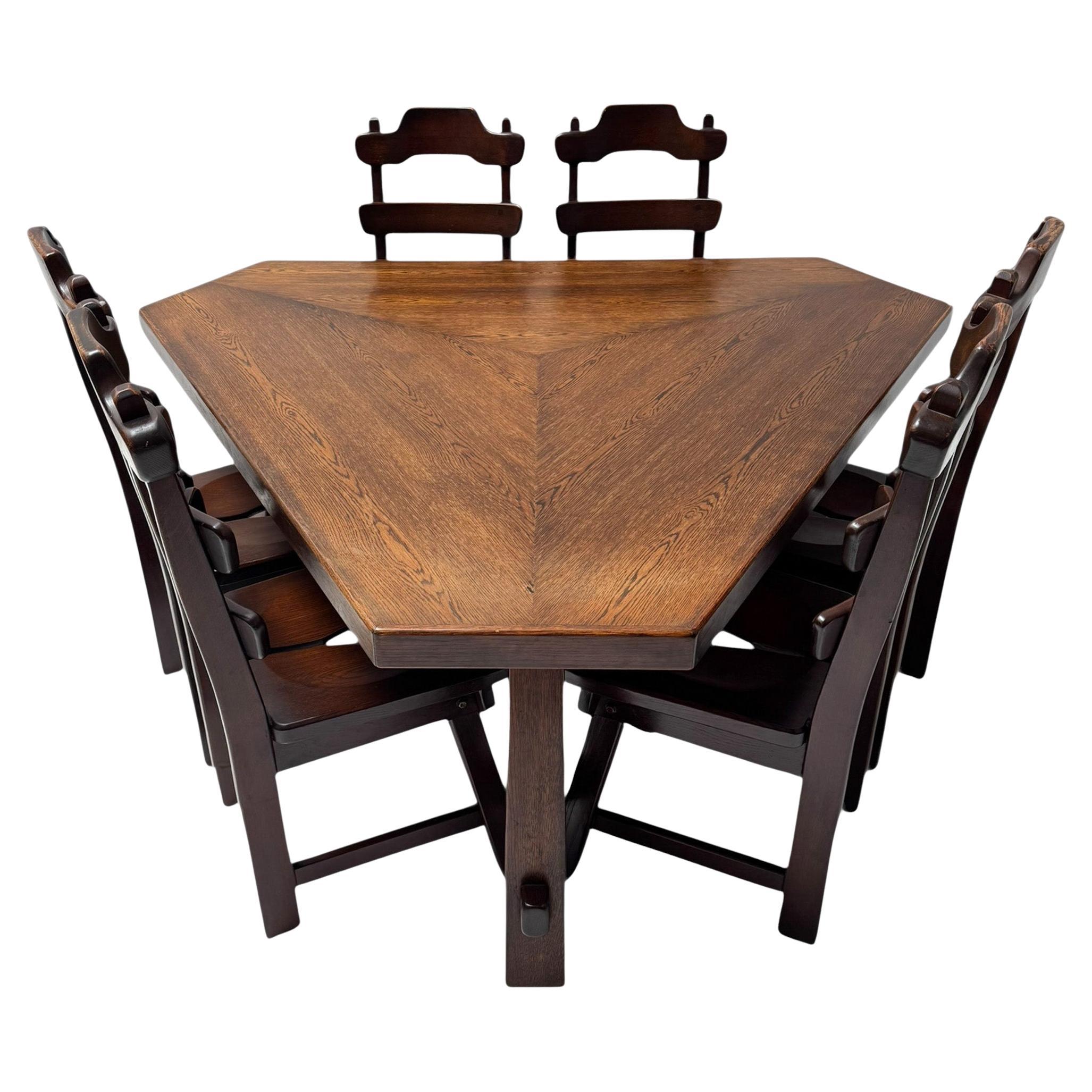 Table de salle à manger brutale en Oak avec six chaises de salle à manger brutale, années 1970 en vente
