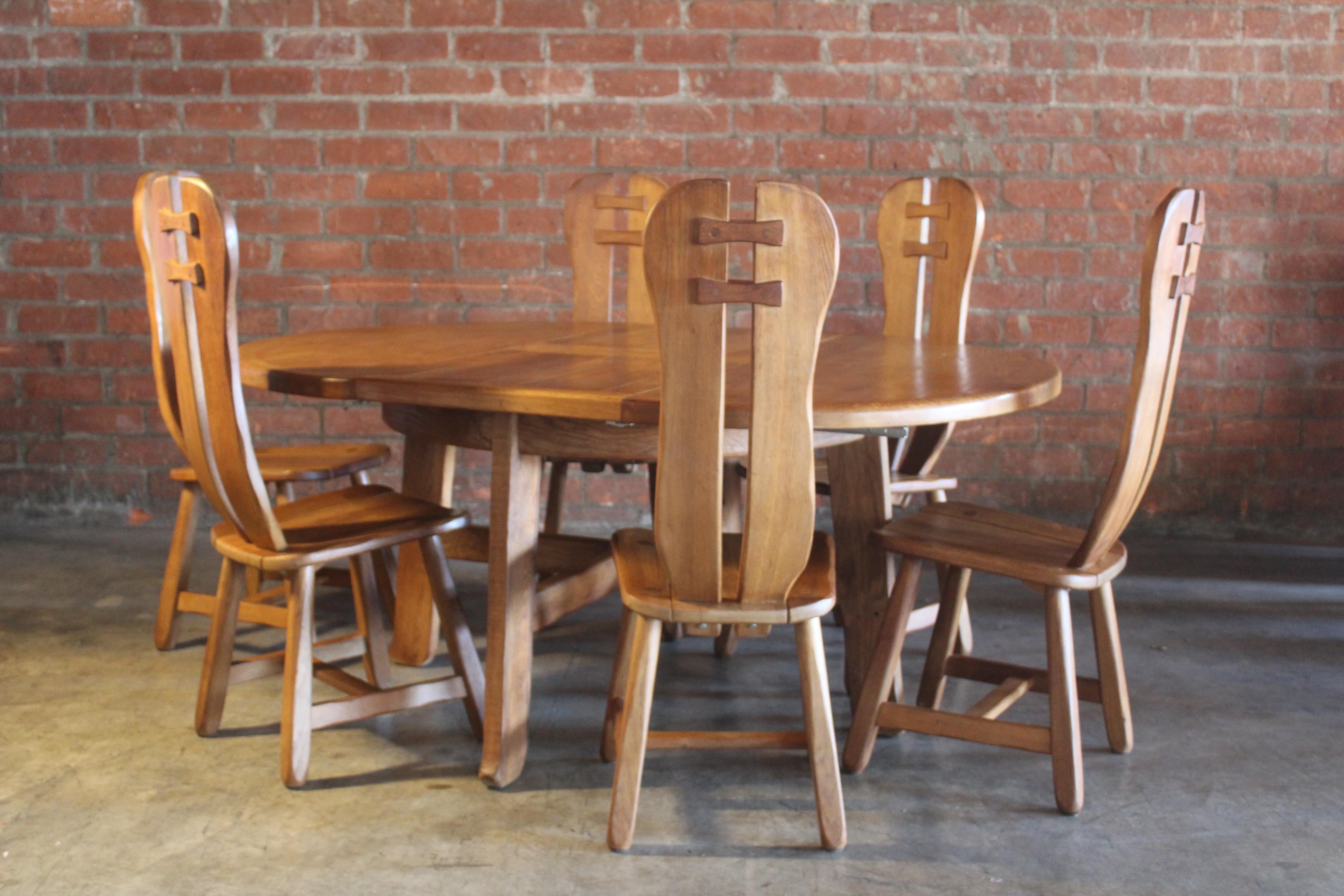 Brutalist Oak Dining Table and Chairs by De Puydt, Belgium, 1970s 6