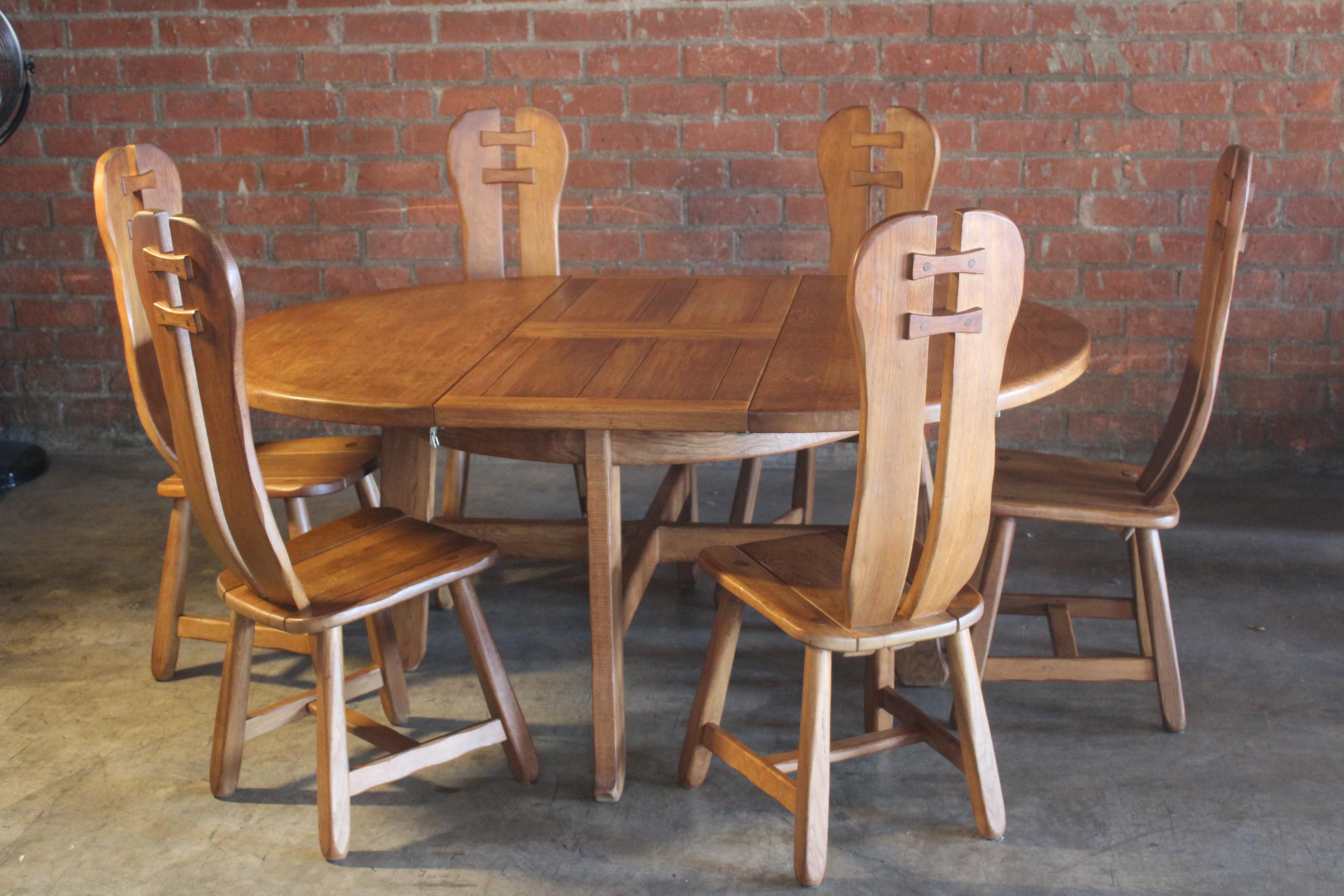 Brutalist Oak Dining Table and Chairs by De Puydt, Belgium, 1970s 9