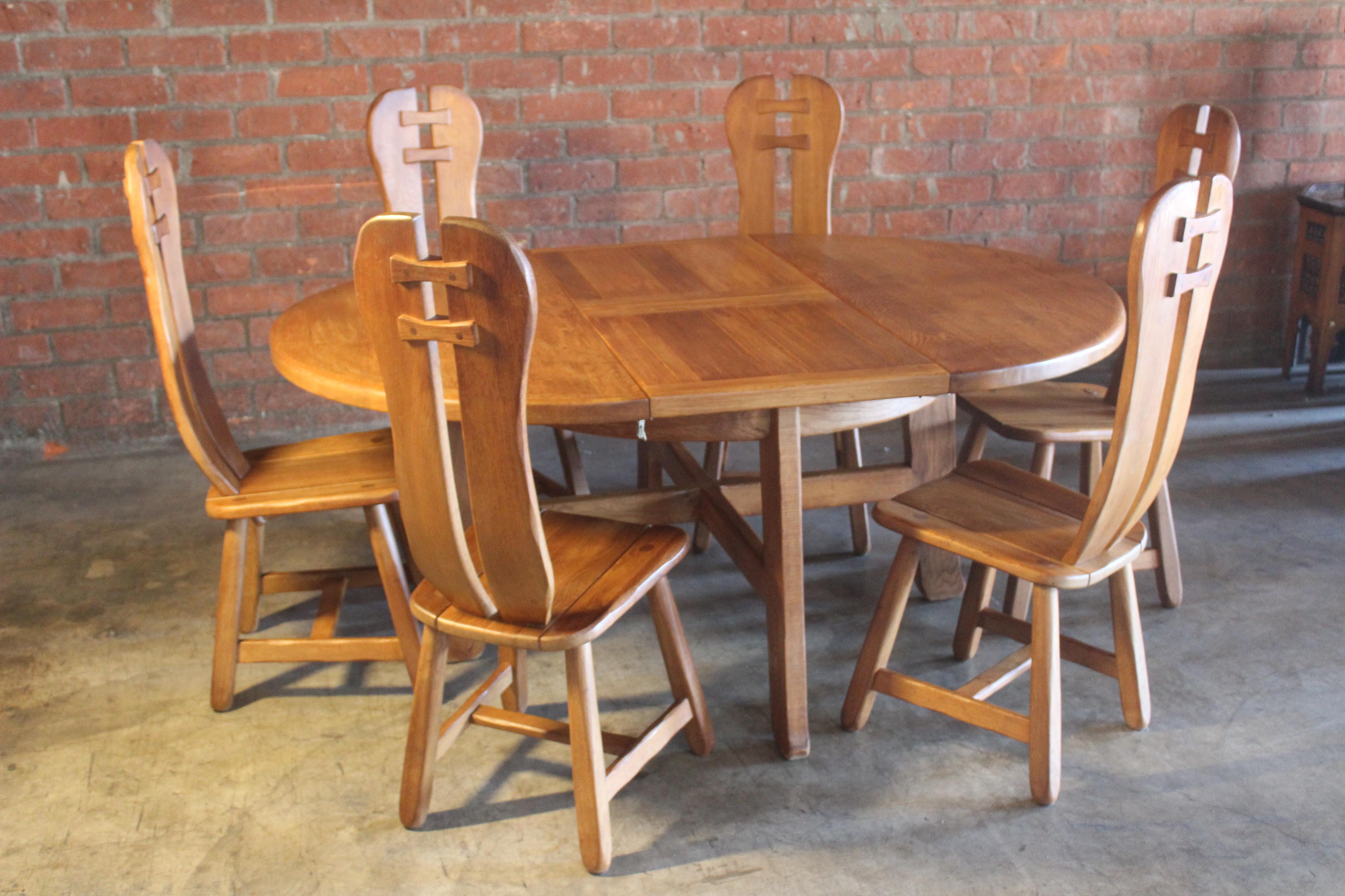 Brutalist Oak Dining Table and Chairs by De Puydt, Belgium, 1970s 10