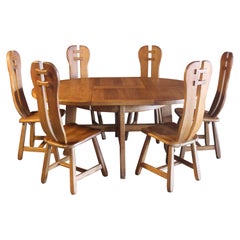 Brutalist Oak Dining Table and Chairs by De Puydt, Belgium, 1970s Brutalist Oak Dining Table and Chairs by De Puydt, Belgium, 1970s