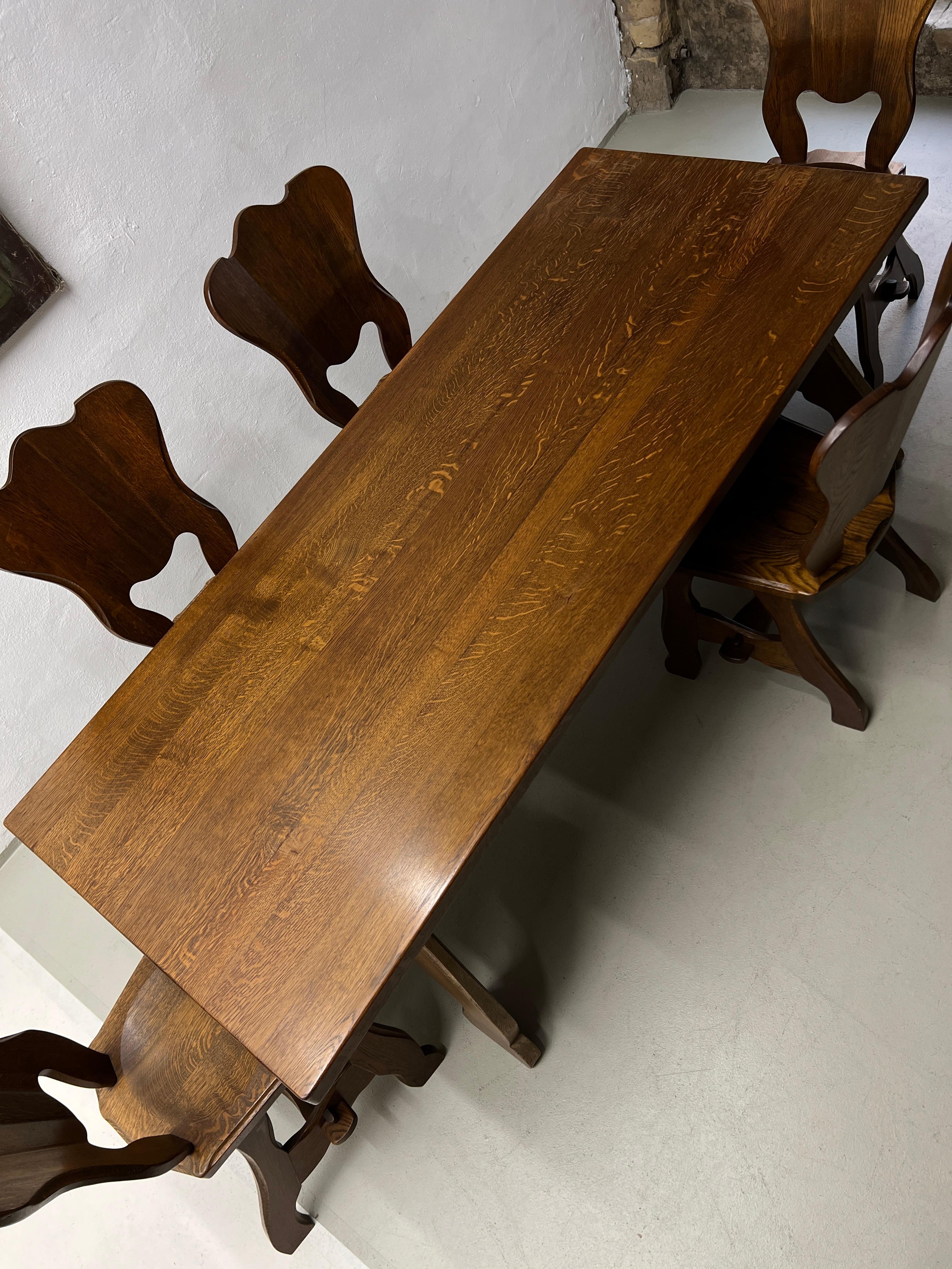 Brutalist Oak Dining Table Set with Six Chairs, Netherlands, 1970s For Sale 5
