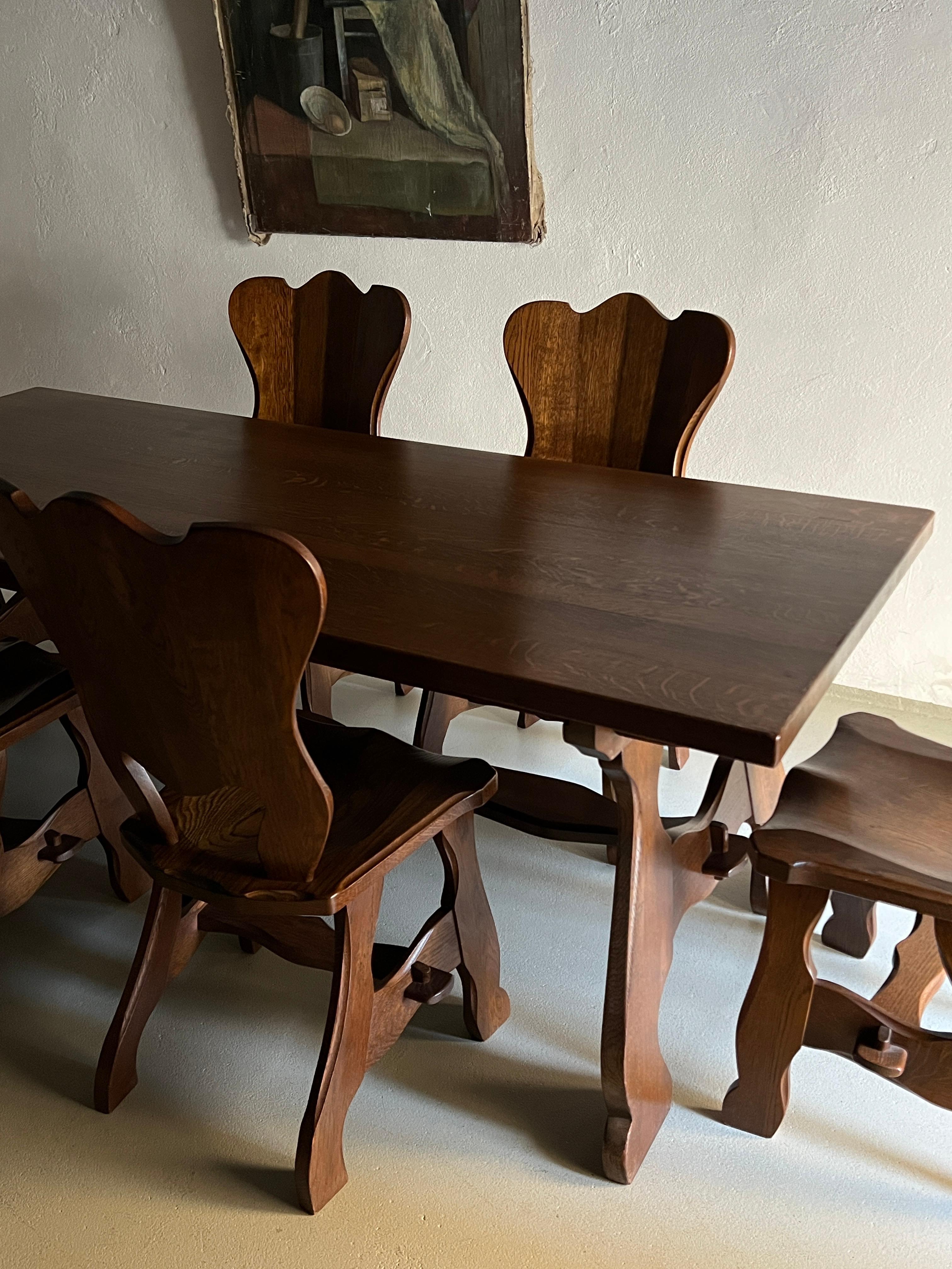 Brutalist Oak Dining Table Set with Six Chairs, Netherlands, 1970s For Sale 7