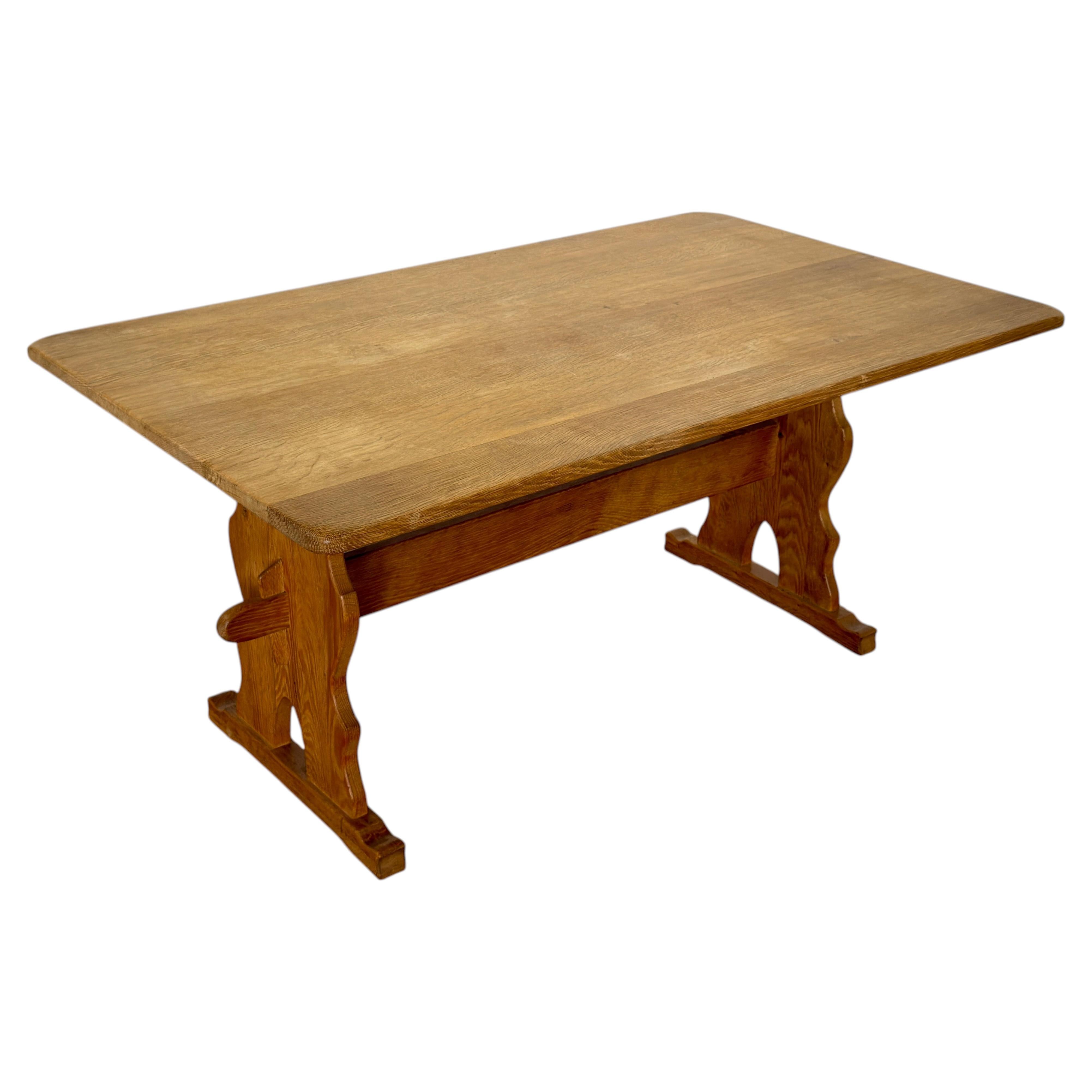 Brutalist Oak Extendable Trestle Dining Table, 1960s For Sale