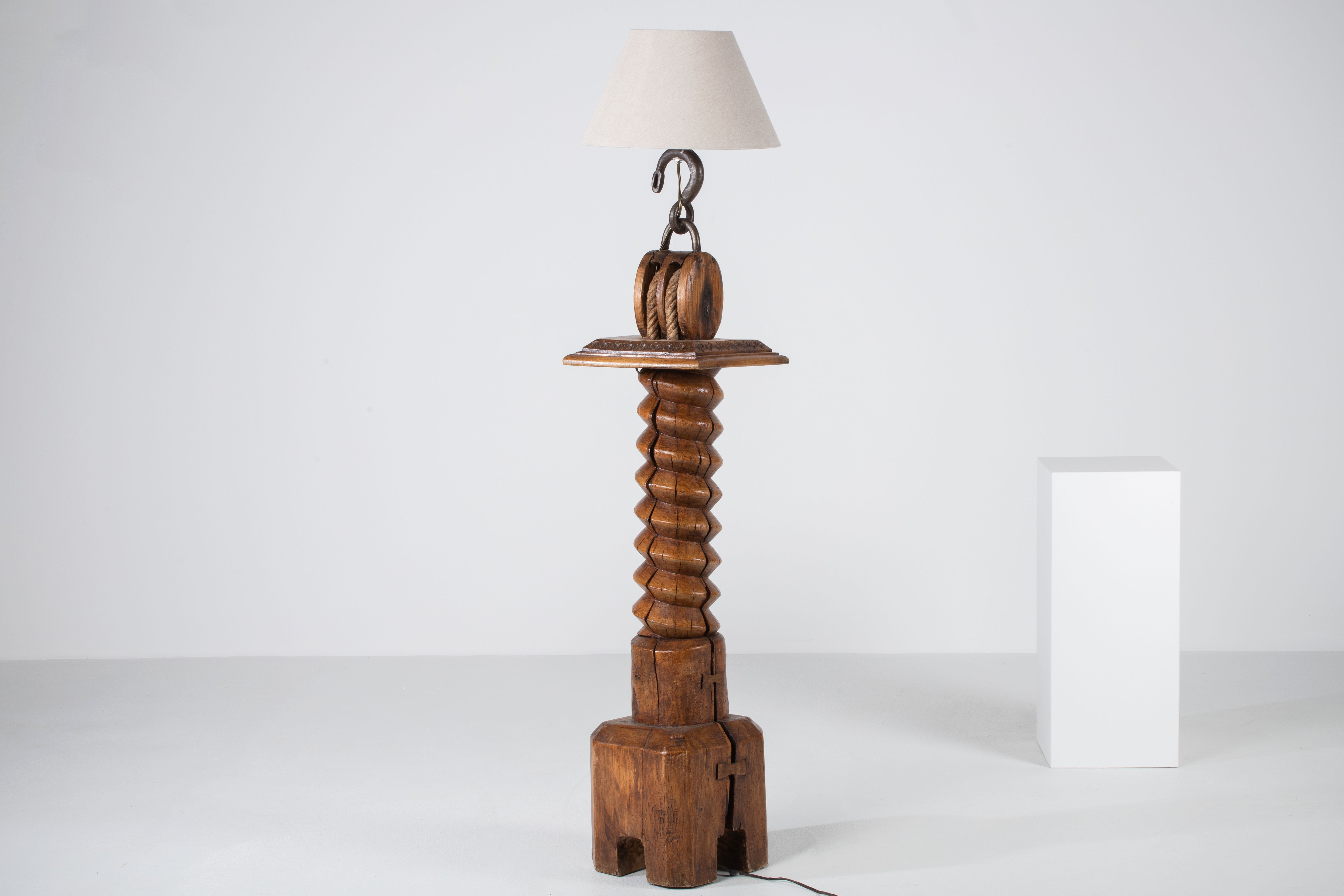 Mid-Century Modern Brutalist Oak Floor Lamp, France, 1940s For Sale