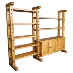 Brutalist Oak Large Modular Shelving Unit with Metal Pegs and Cabinet, Belgium