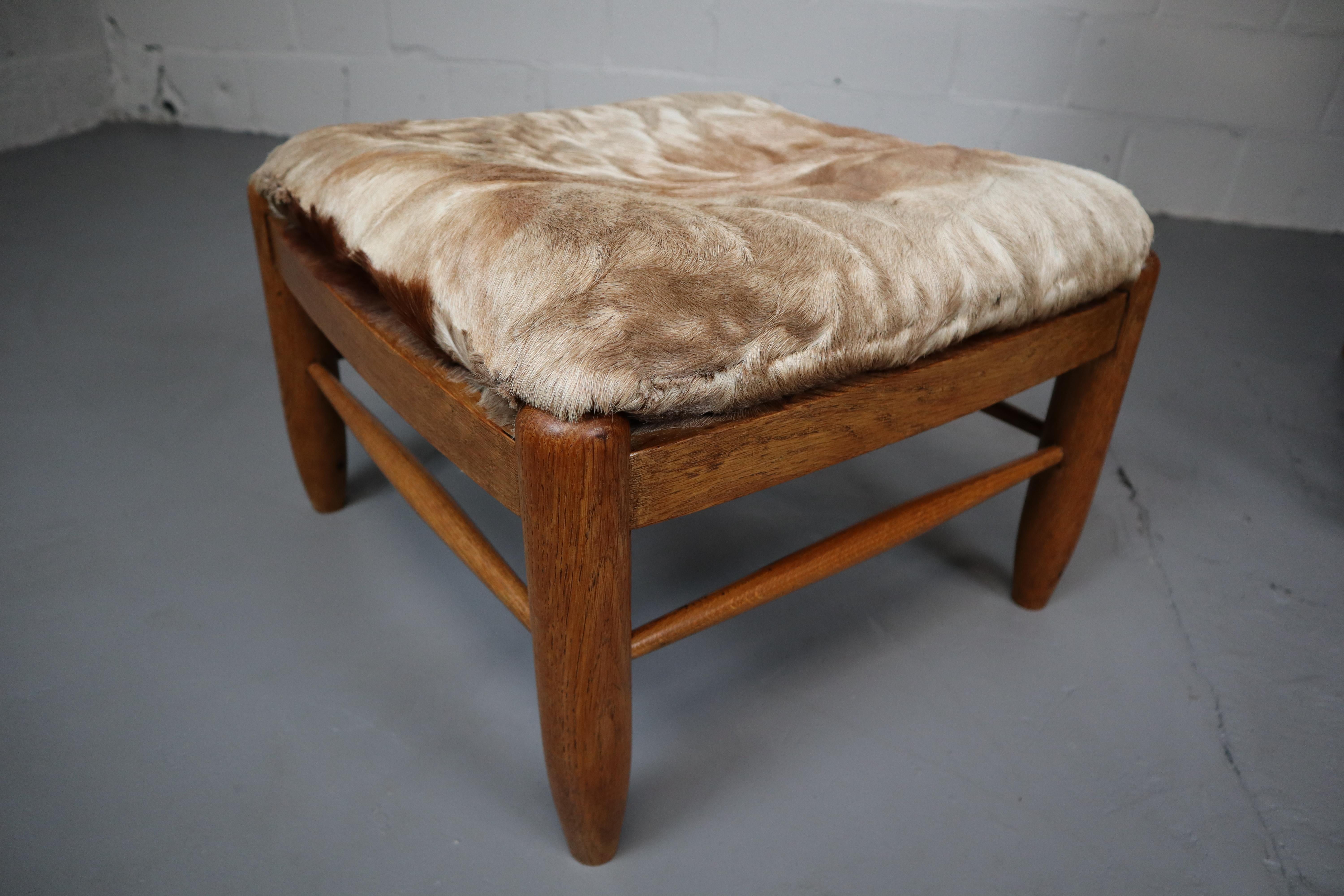 Brutalist Oak Lounge Chair and Ottoman with Upholstery in Goat Hide For Sale 4