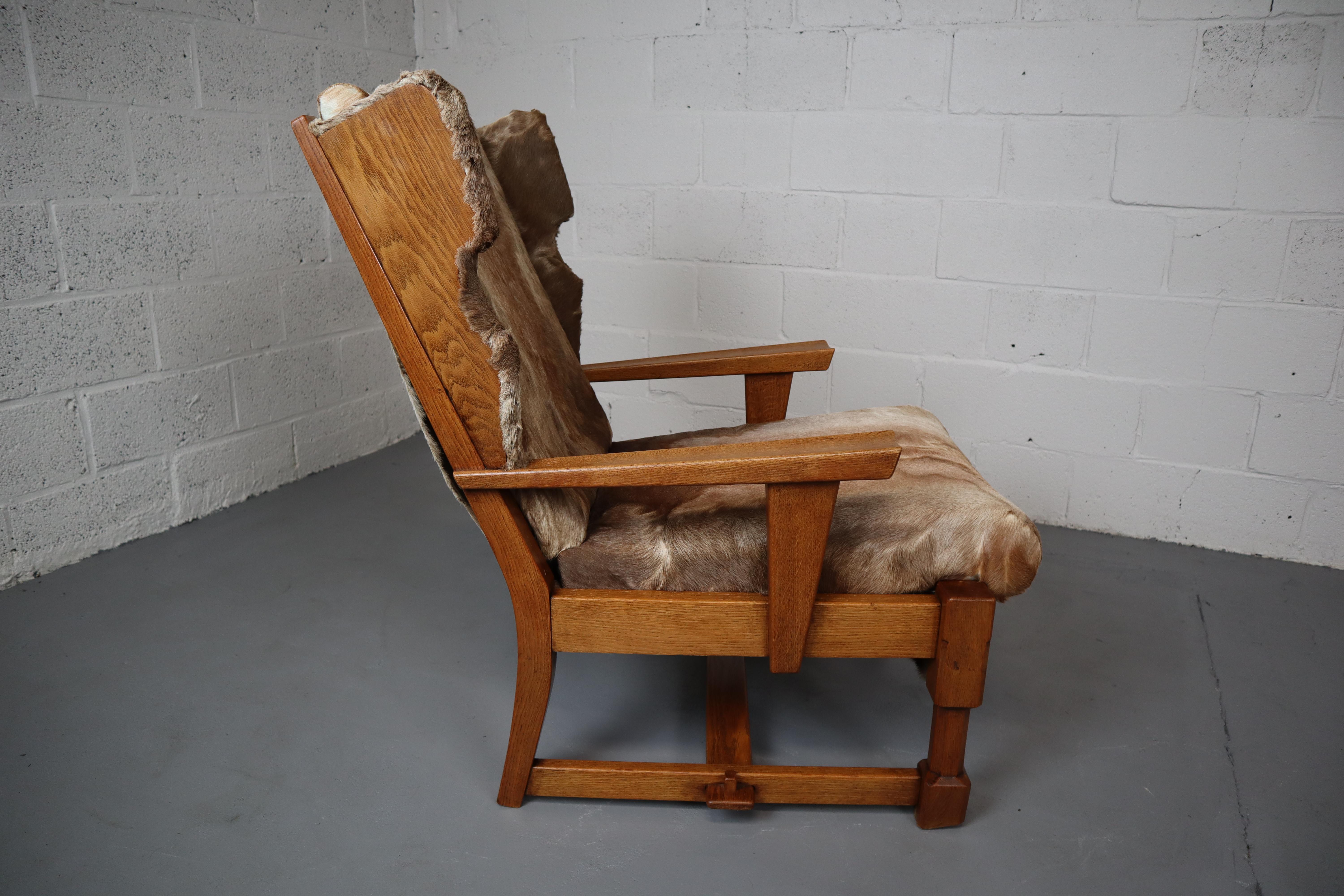 Brutalist Oak Lounge Chair and Ottoman with Upholstery in Goat Hide For Sale 12