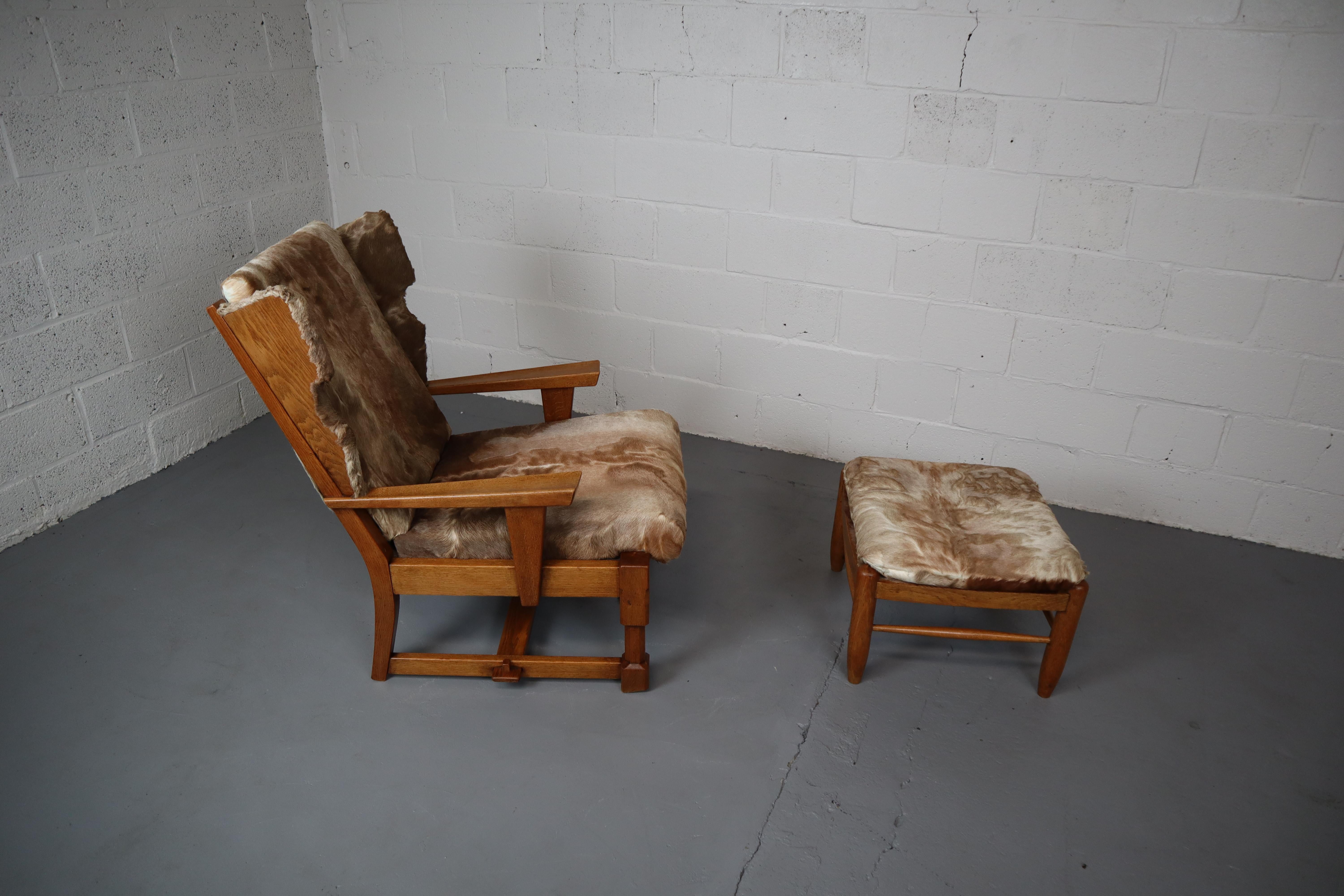 Brutalist Oak Lounge Chair and Ottoman with Upholstery in Goat Hide For Sale 13