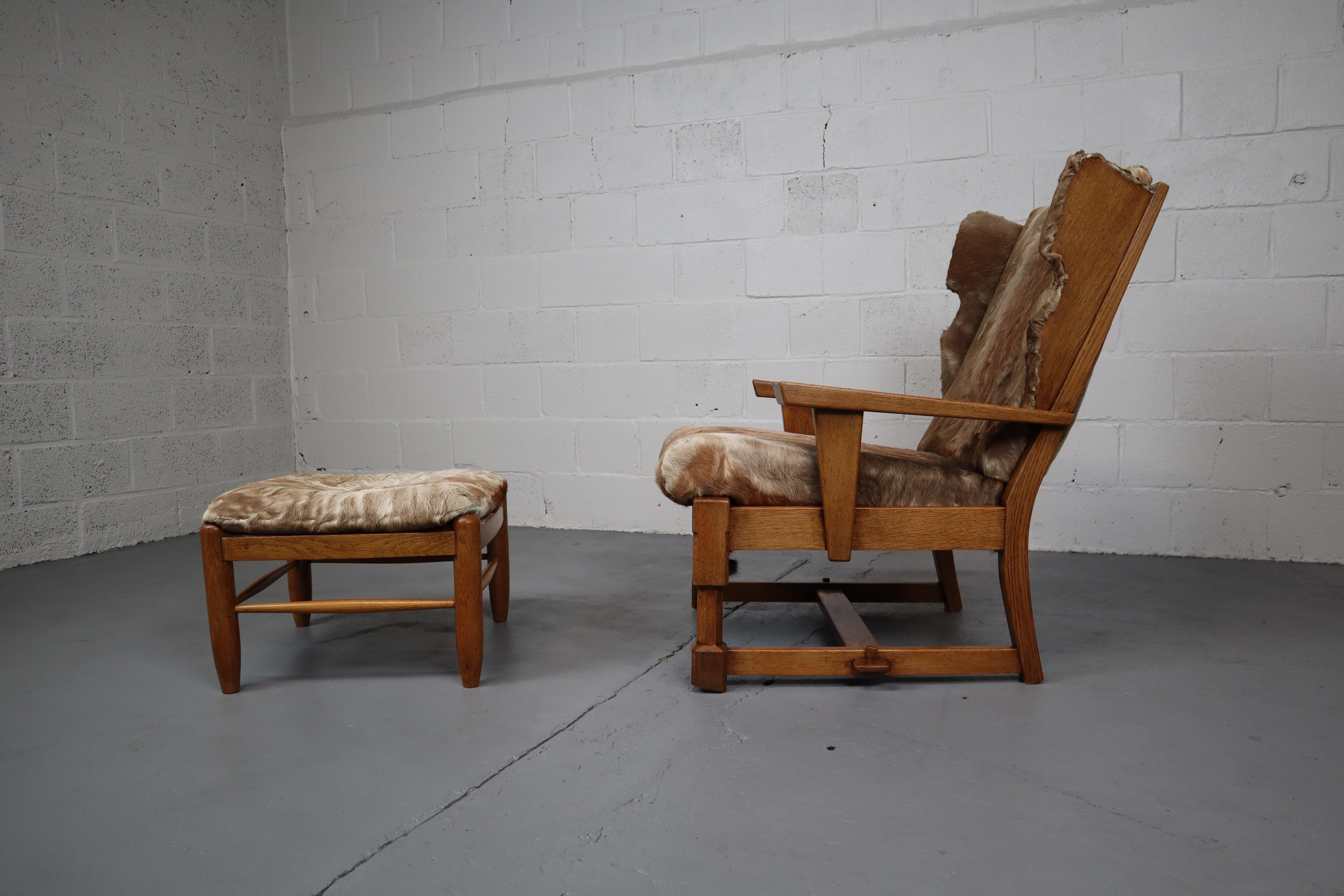 Robust and heavy massive oak lounge chair with ottoman, both upholstered in goathide. Brutalism is a movement within architecture that originated from modernism. It is characterized by often large block-like structures and rough material. Because of