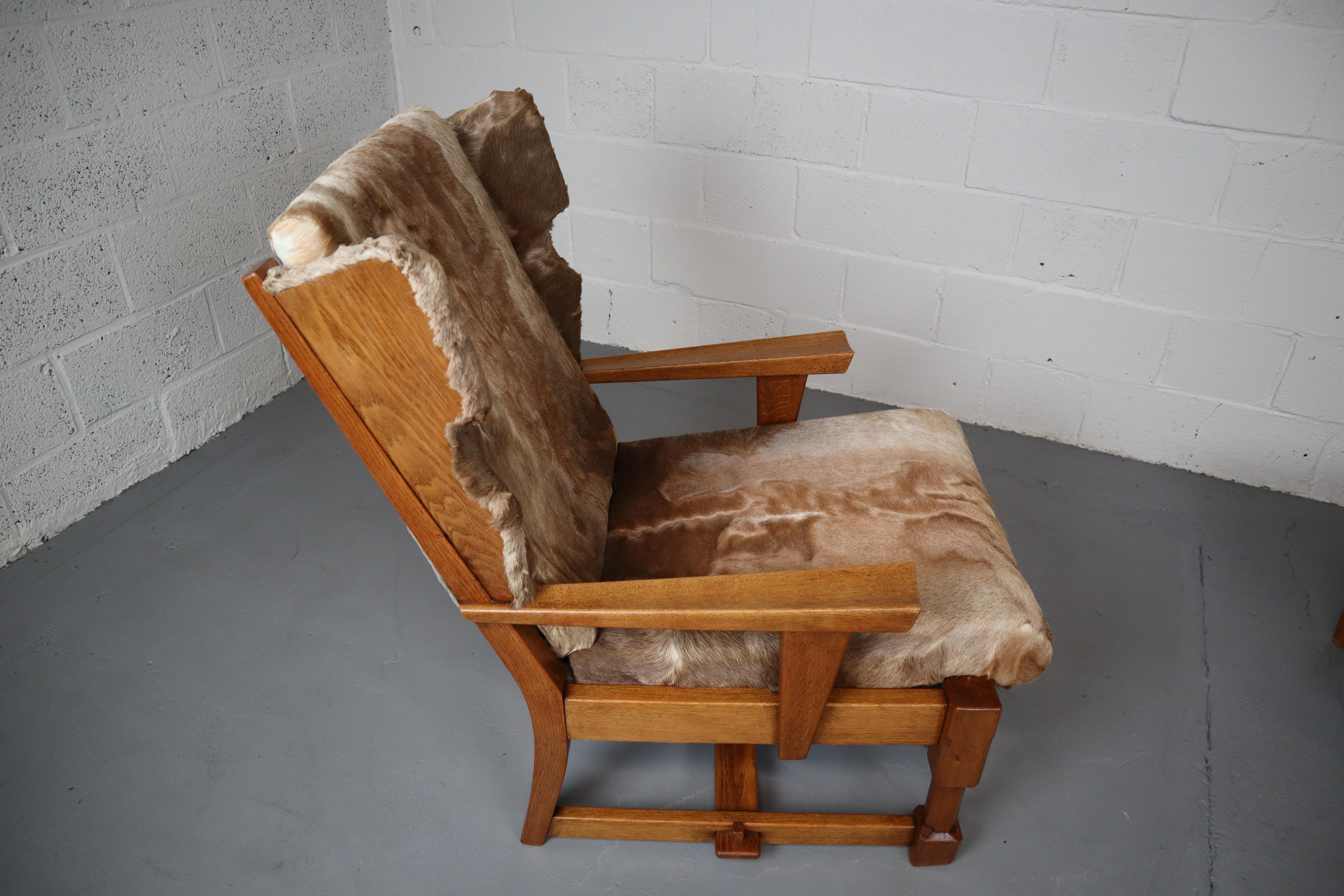 Brutalist Oak Lounge Chair and Ottoman with Upholstery in Goat Hide For Sale 14