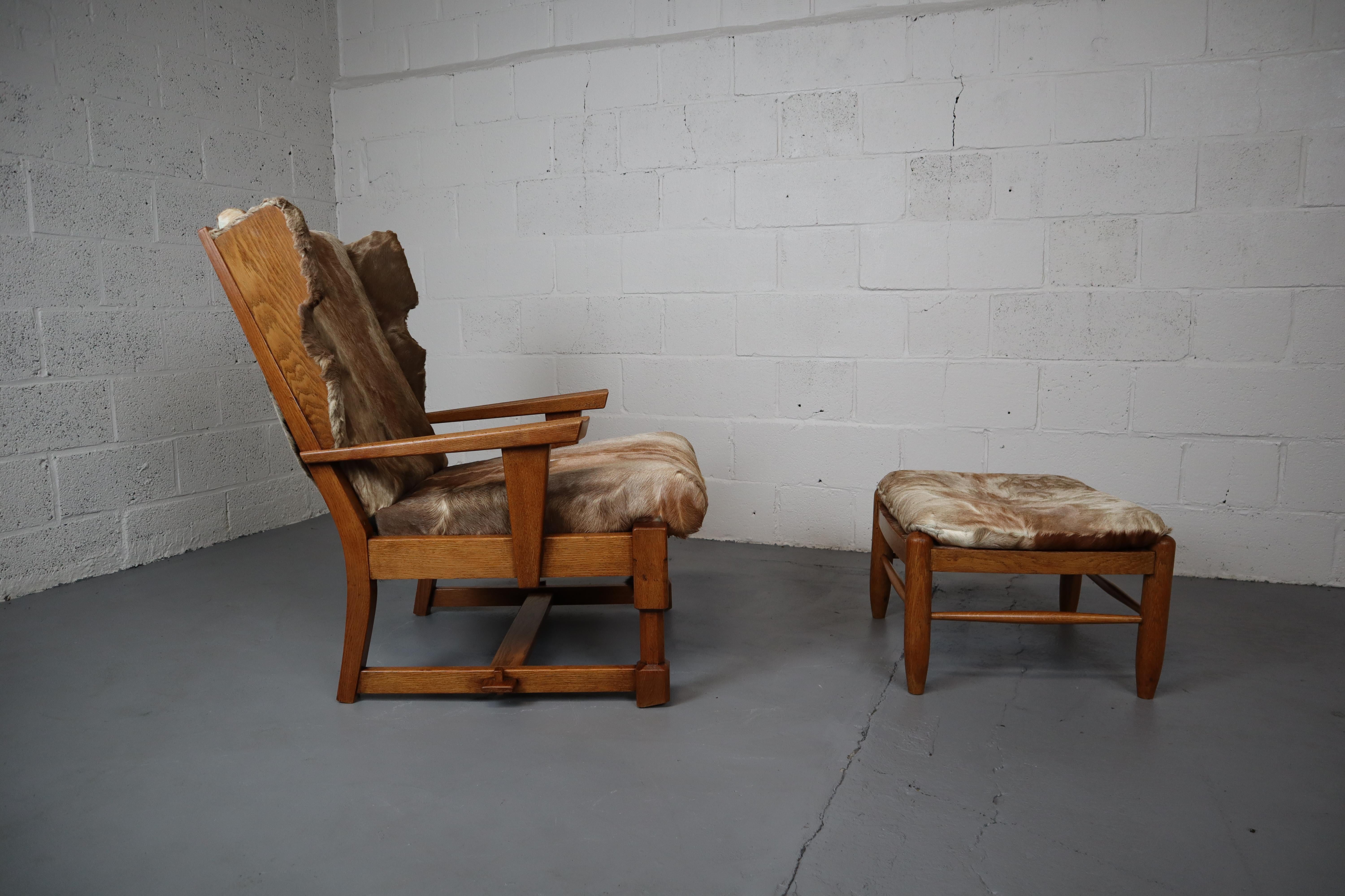 20th Century Brutalist Oak Lounge Chair and Ottoman with Upholstery in Goat Hide For Sale