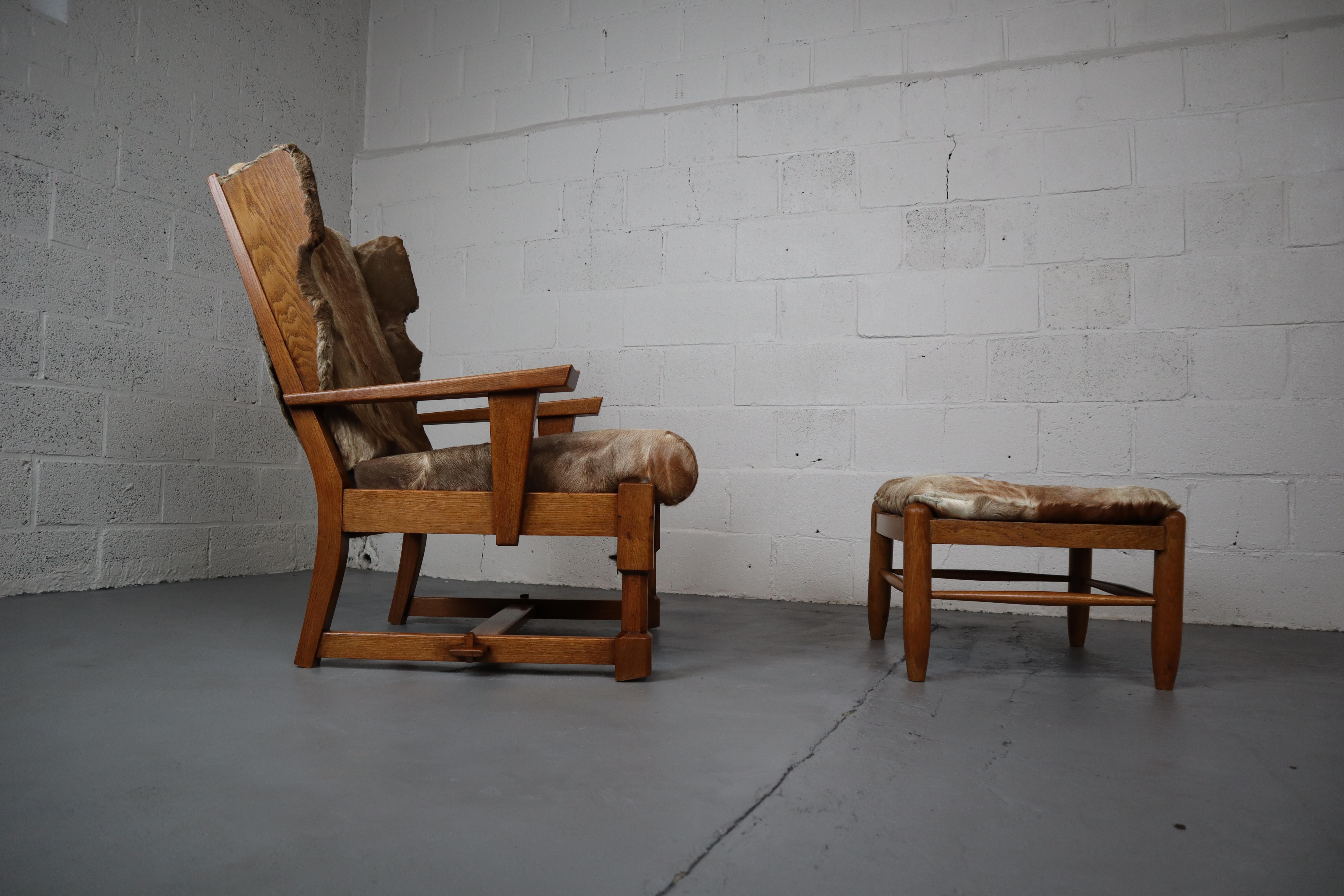 Brutalist Oak Lounge Chair and Ottoman with Upholstery in Goat Hide For Sale 1