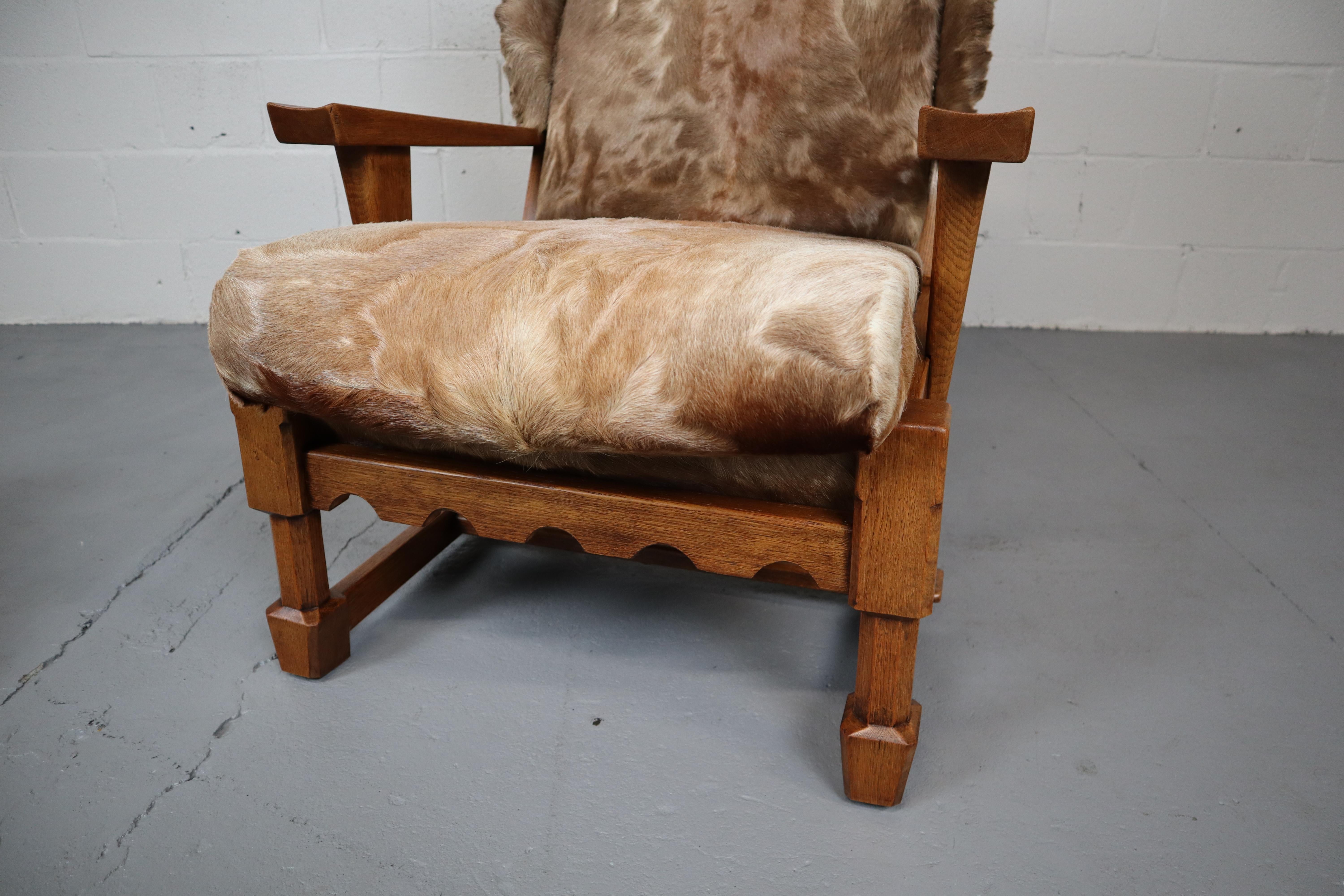 Brutalist Oak Lounge Chair and Ottoman with Upholstery in Goat Hide For Sale 2