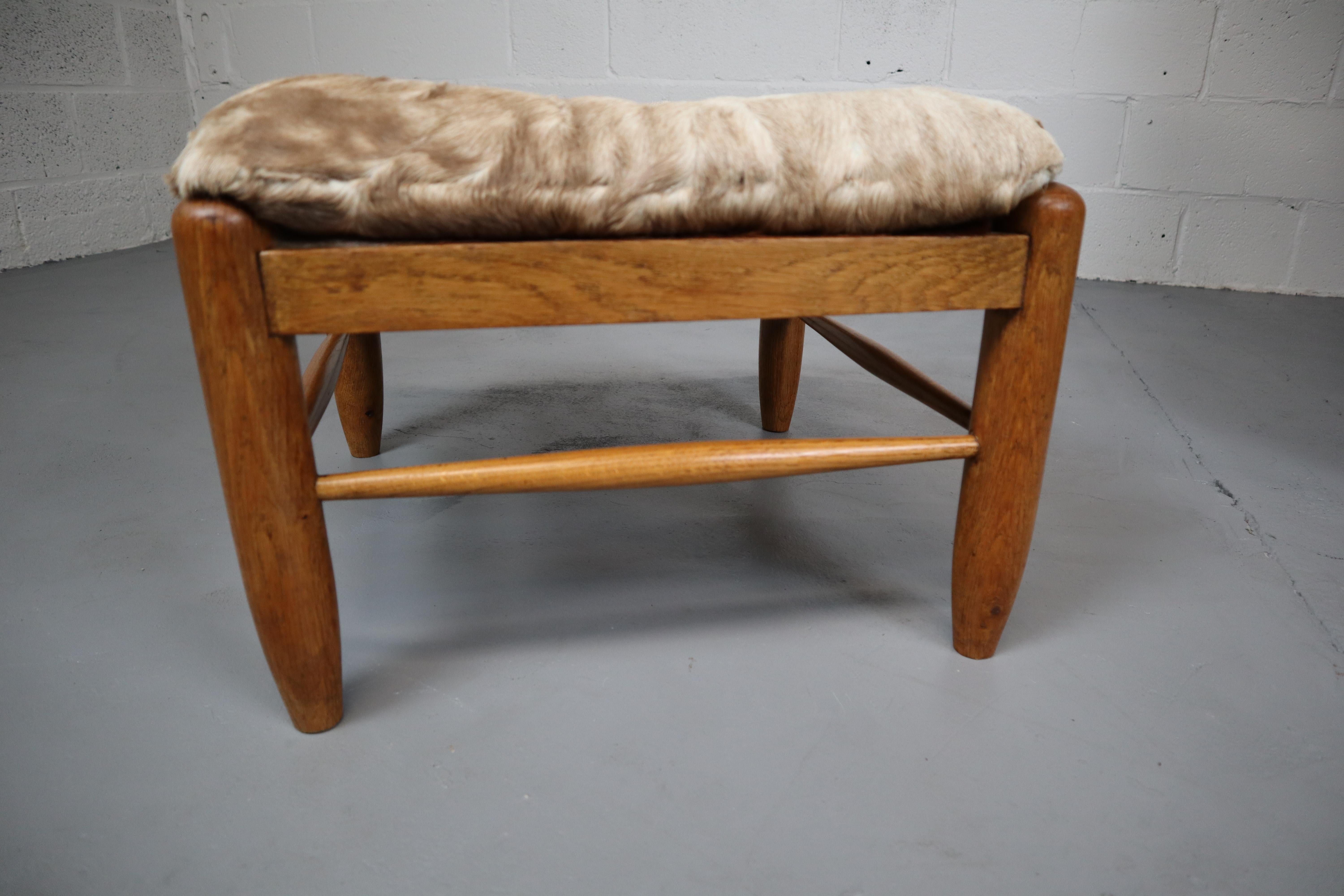 Brutalist Oak Lounge Chair and Ottoman with Upholstery in Goat Hide For Sale 3