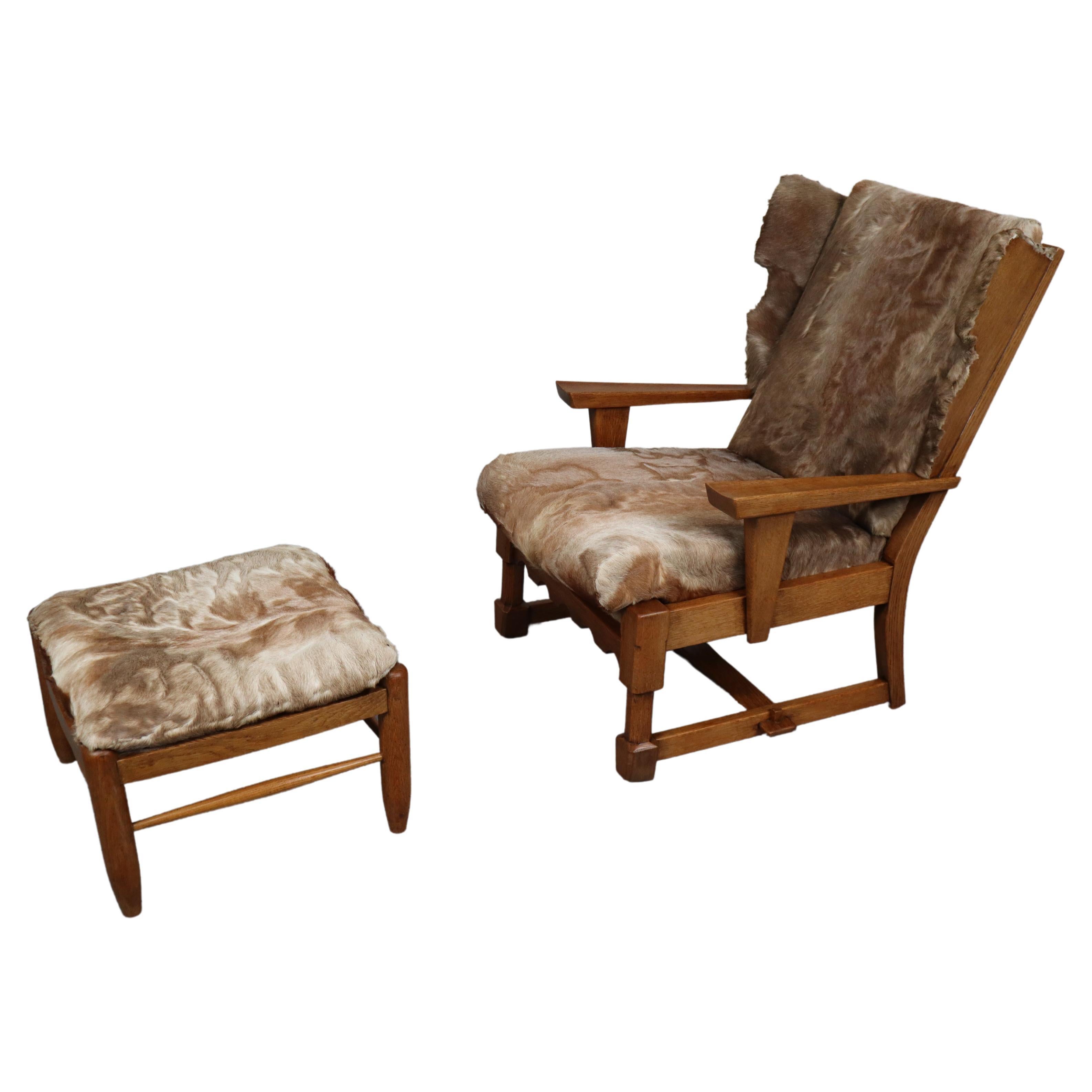 Brutalist Oak Lounge Chair and Ottoman with Upholstery in Goat Hide For Sale